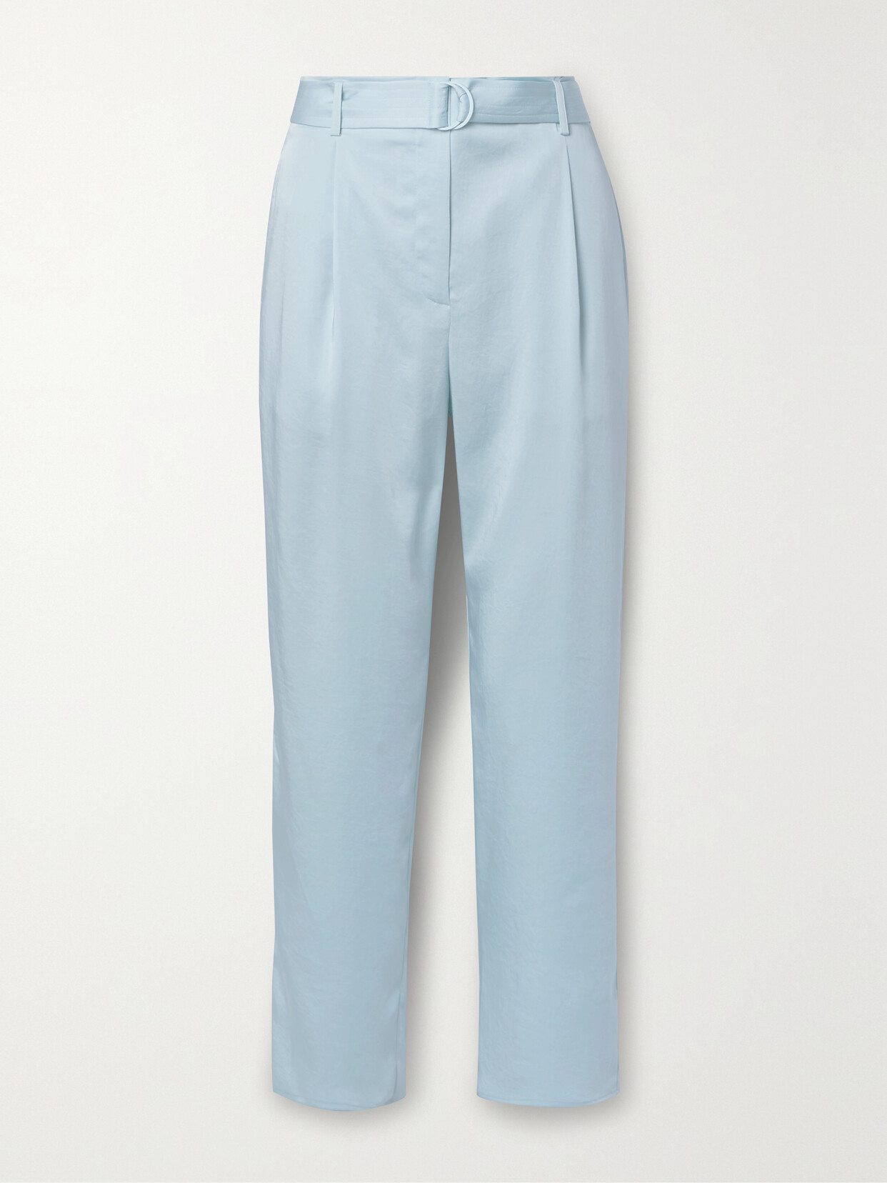 LAPOINTE Belted Pleated Crinkled-satin Straight-leg Pants - Blue