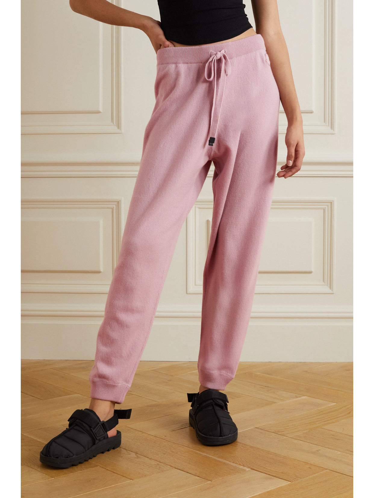 MONCLER LEATHER-TRIMMED WOOL AND CASHMERE-BLEND TRACK PANTS 