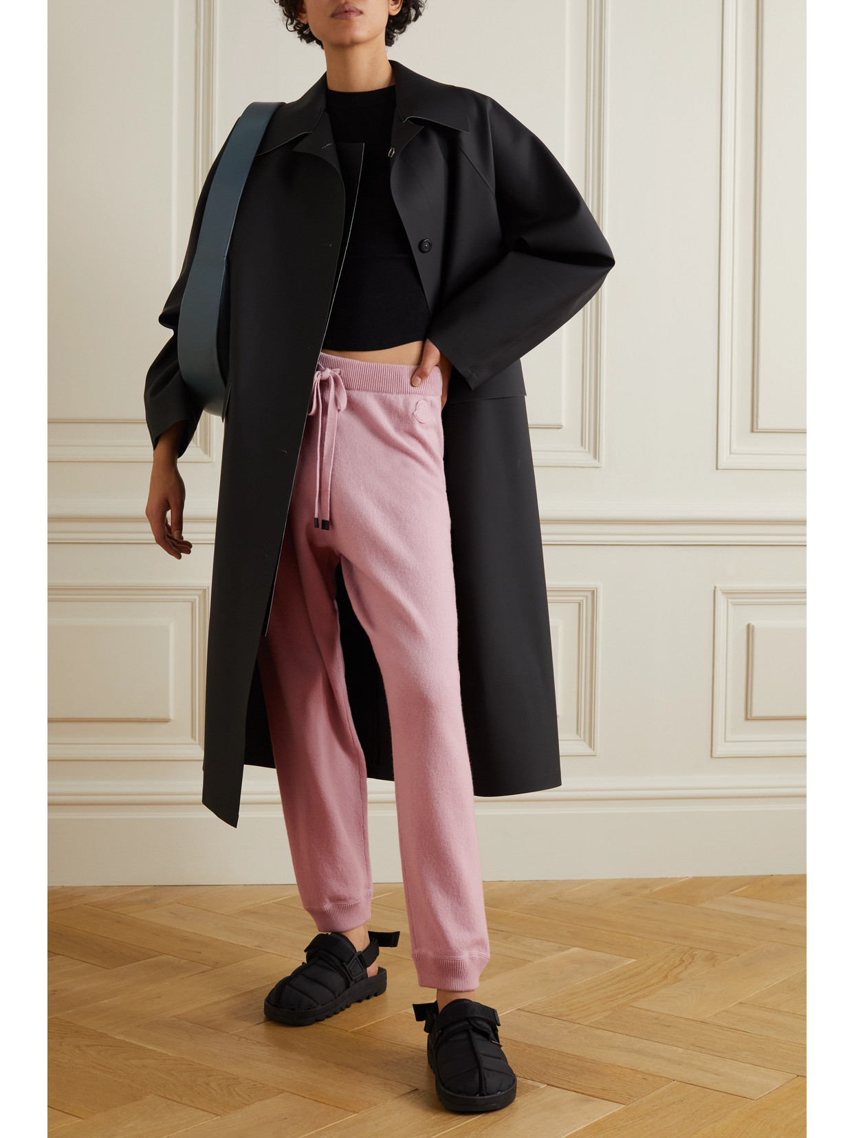 MONCLER LEATHER-TRIMMED WOOL AND CASHMERE-BLEND TRACK PANTS 