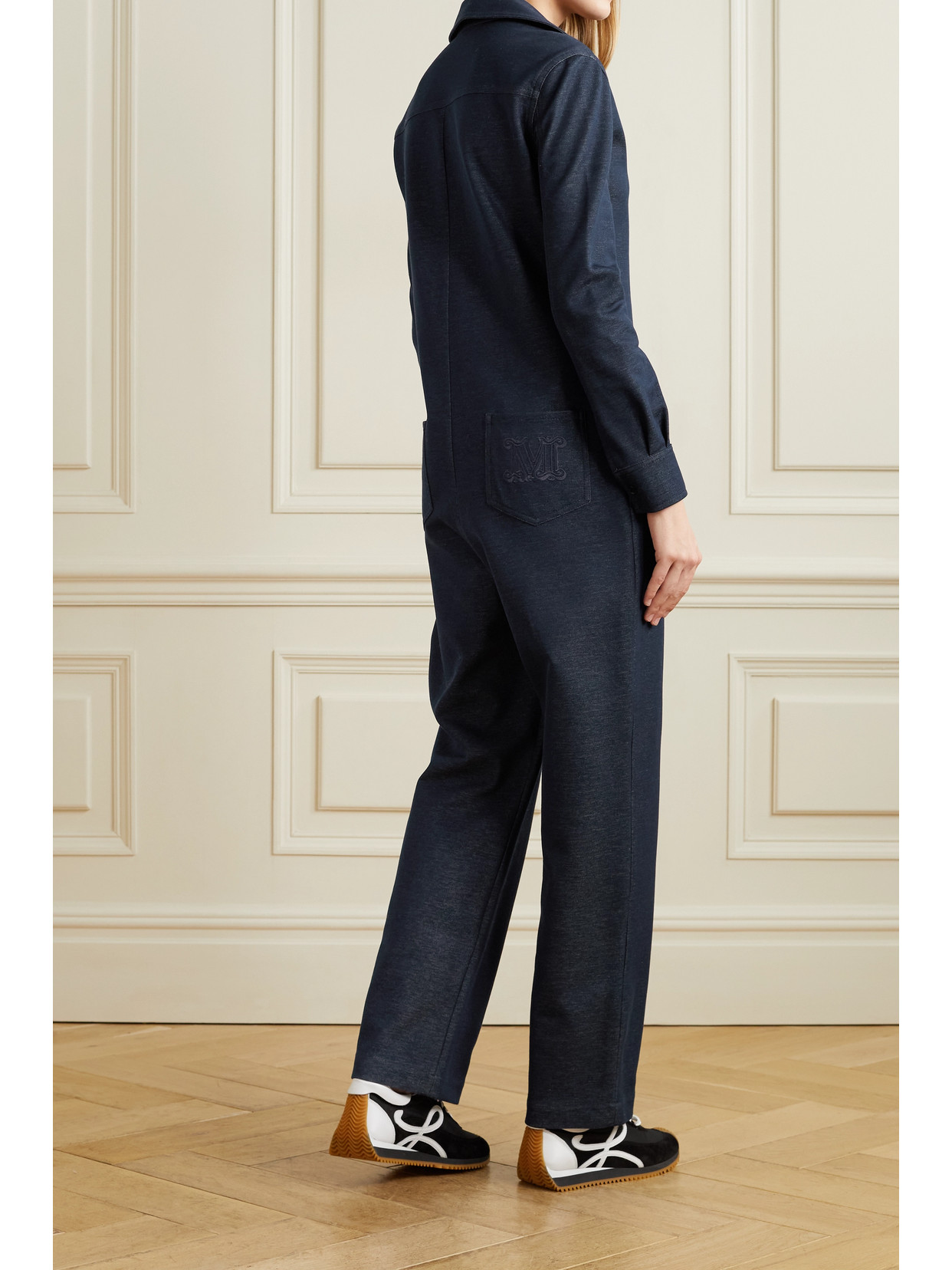 Shop Max Mara Oggetti Cotton-blend Chambray Jumpsuit In Blue