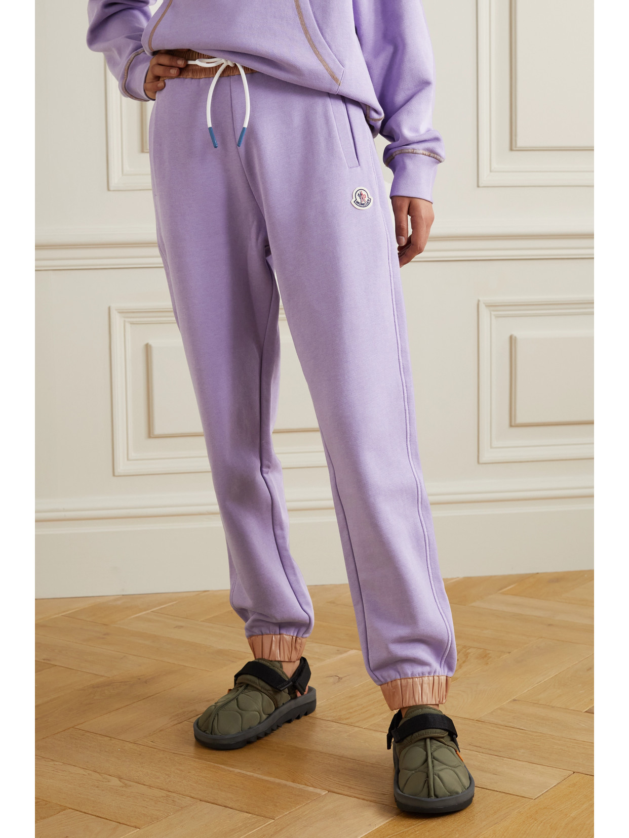 Shop Moncler Faux Leather-trimmed Cotton-blend Jersey Track Pants In Purple