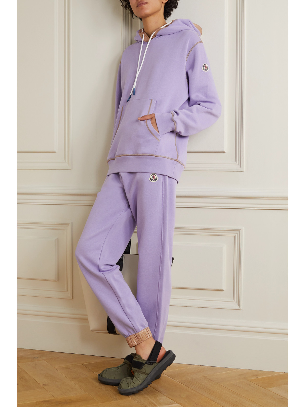 Shop Moncler Faux Leather-trimmed Cotton-blend Jersey Track Pants In Purple