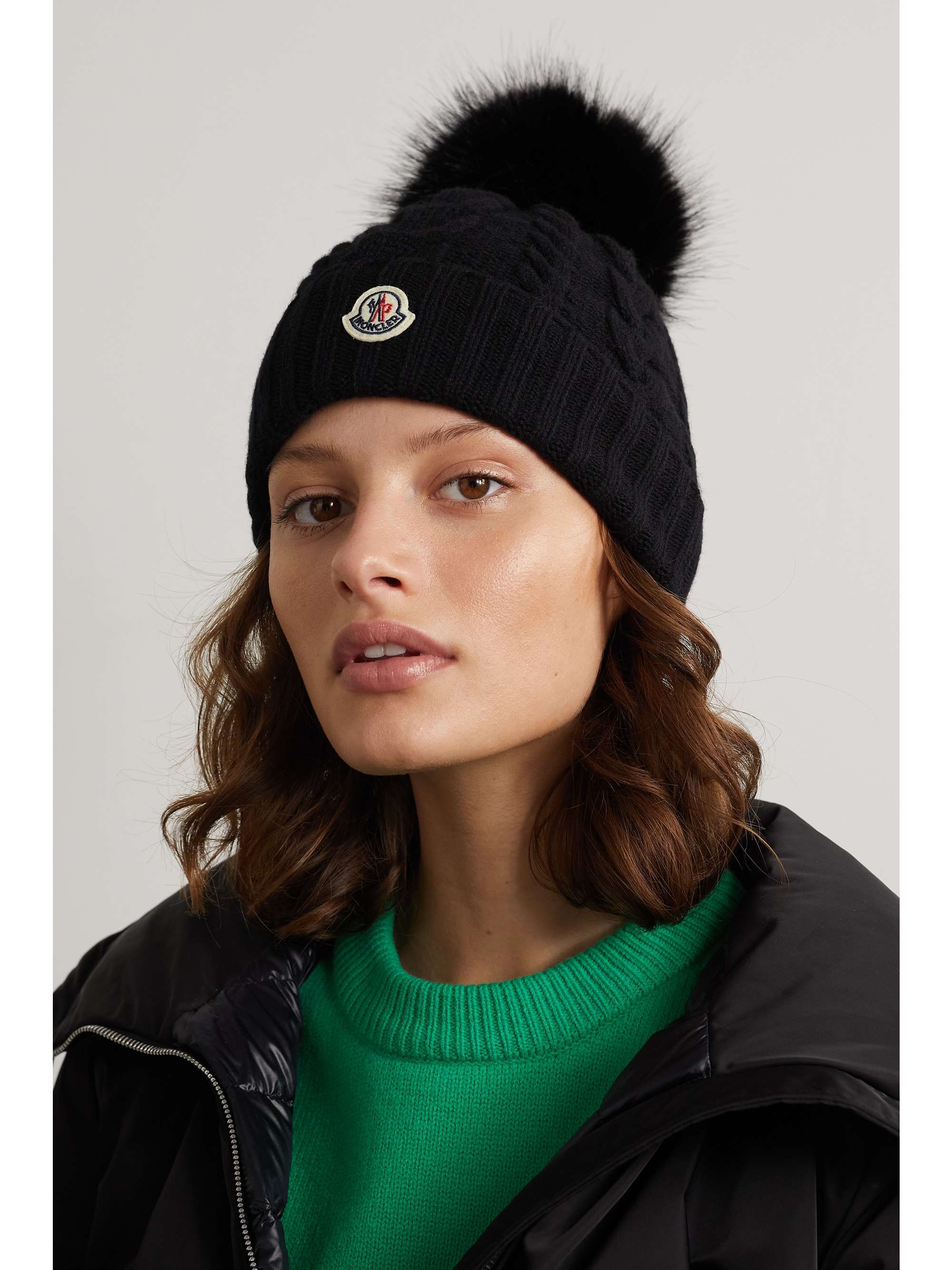 Pompom-embellished cable-knit wool 