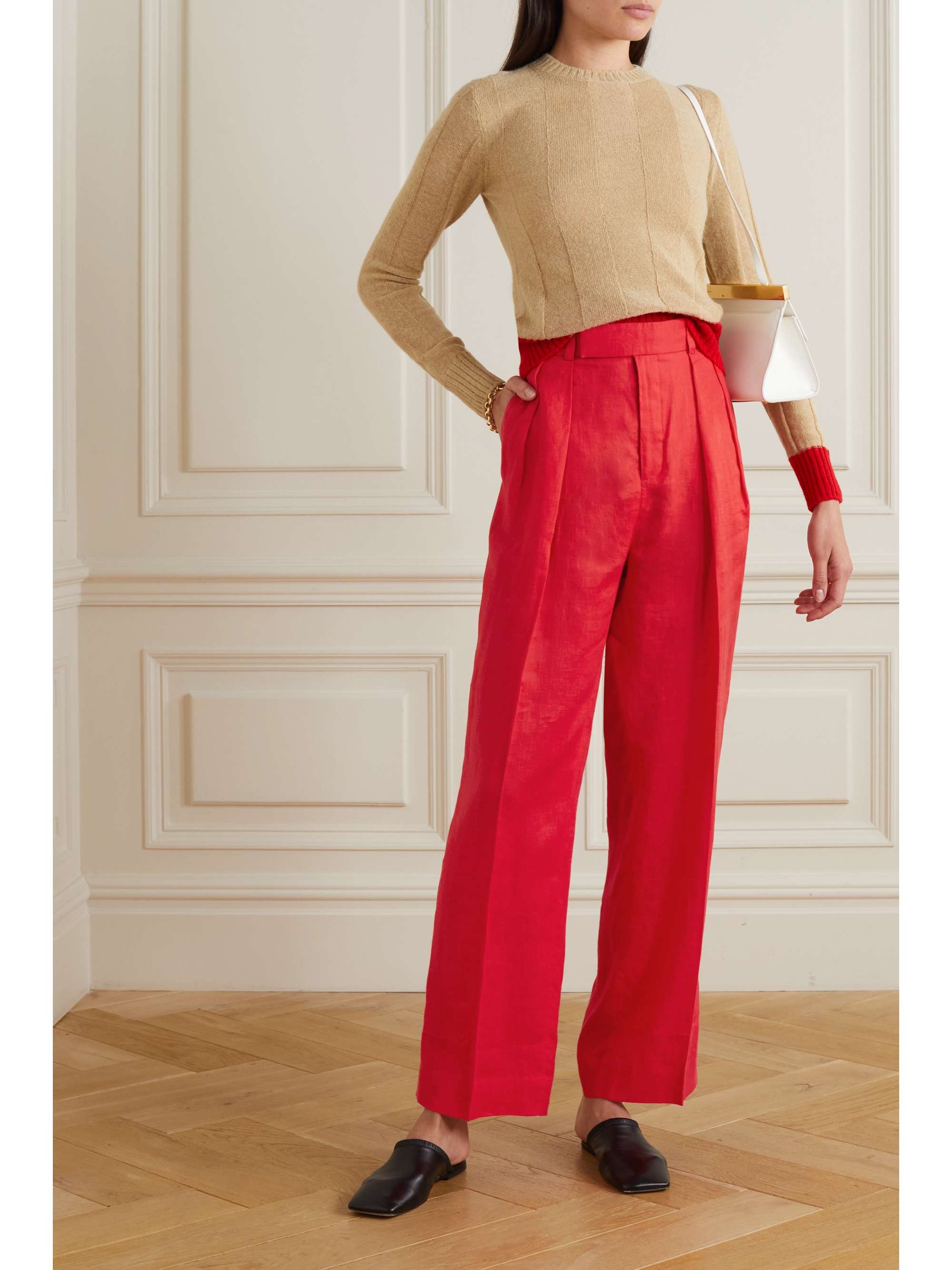 Red Sai pleated linen-gauze wide-leg 