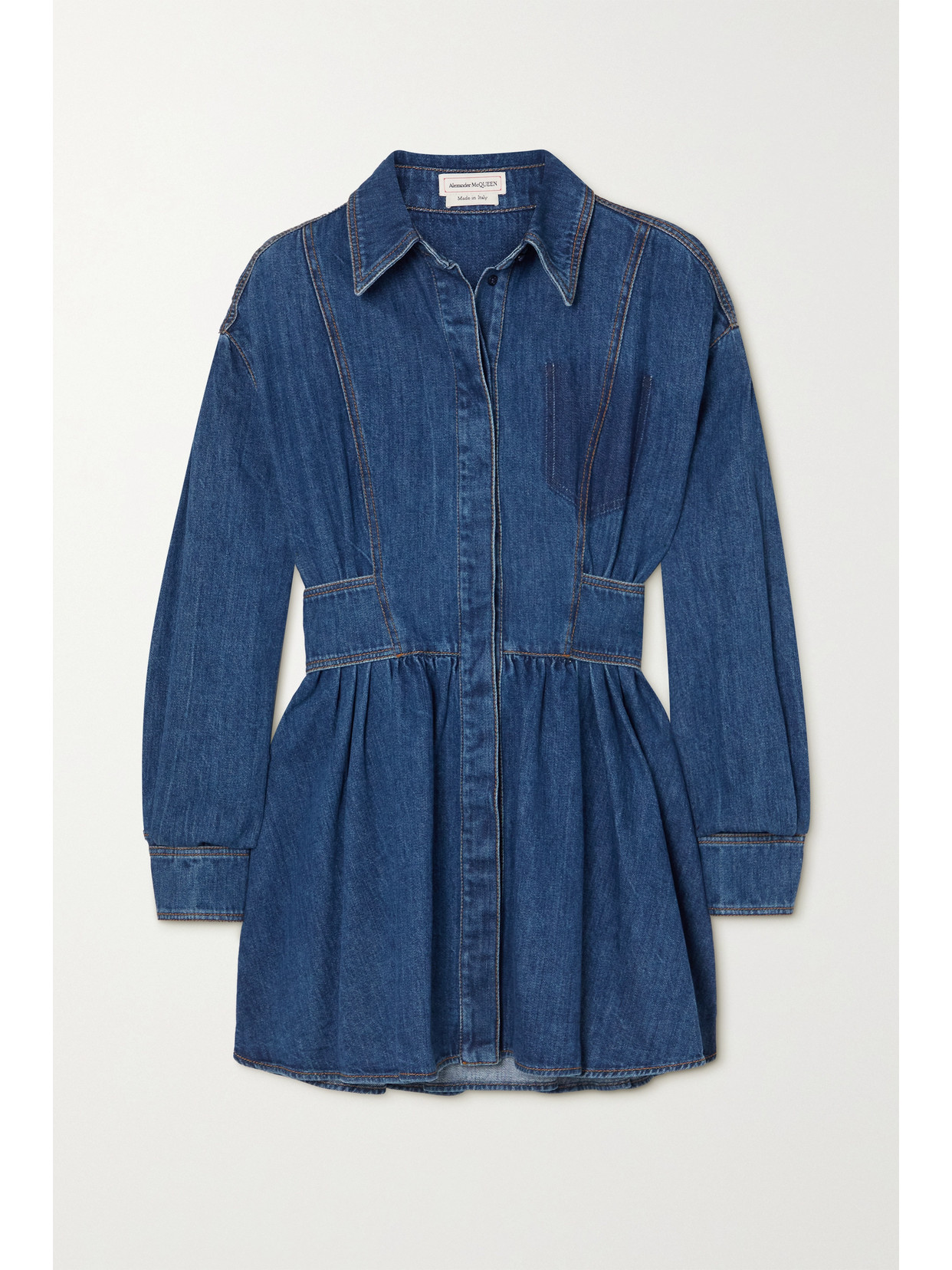Alexander Mcqueen Pleated Denim Shirt Minidress In Blue