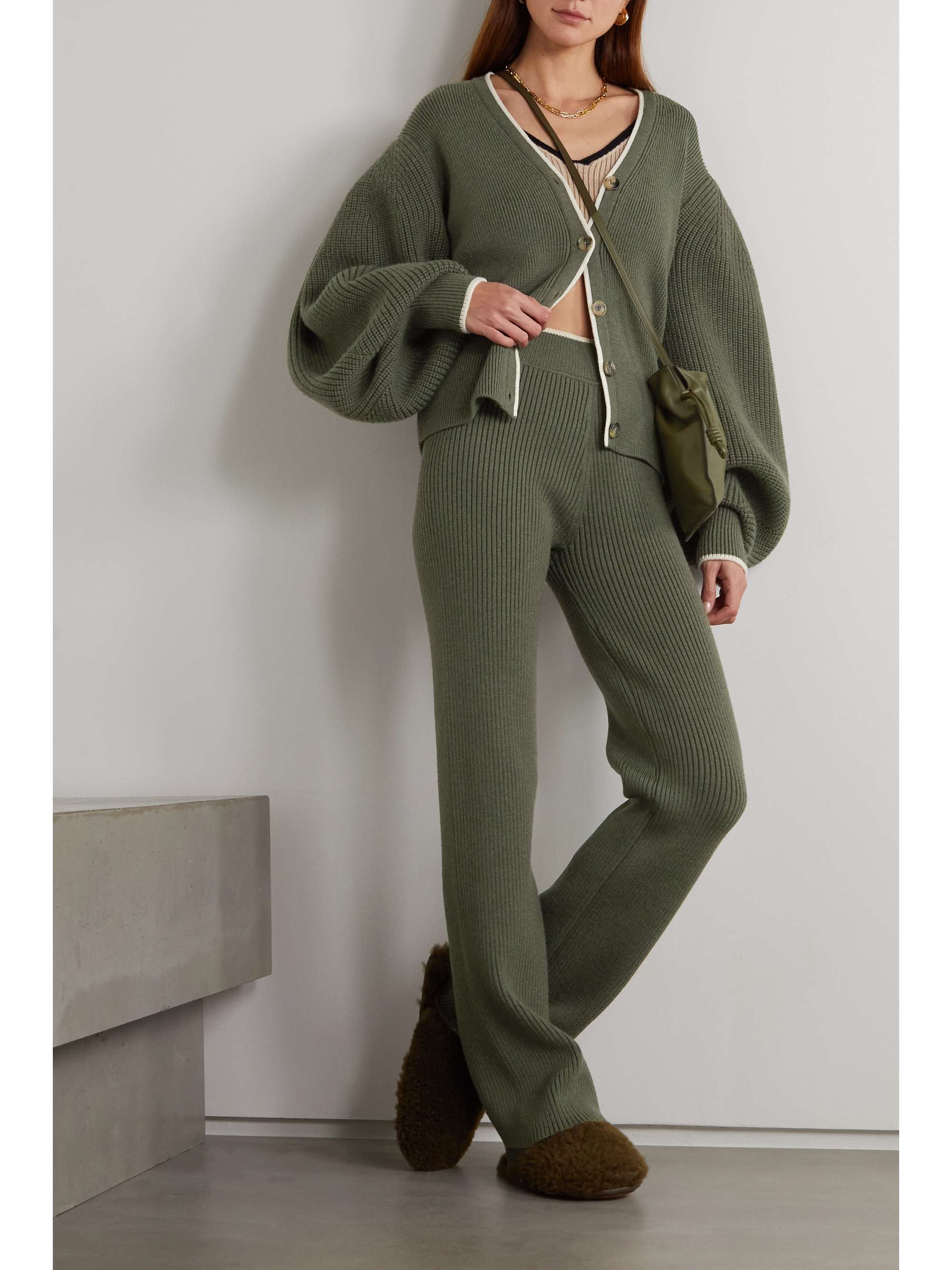 Green Ribbed wool-blend cardigan 
