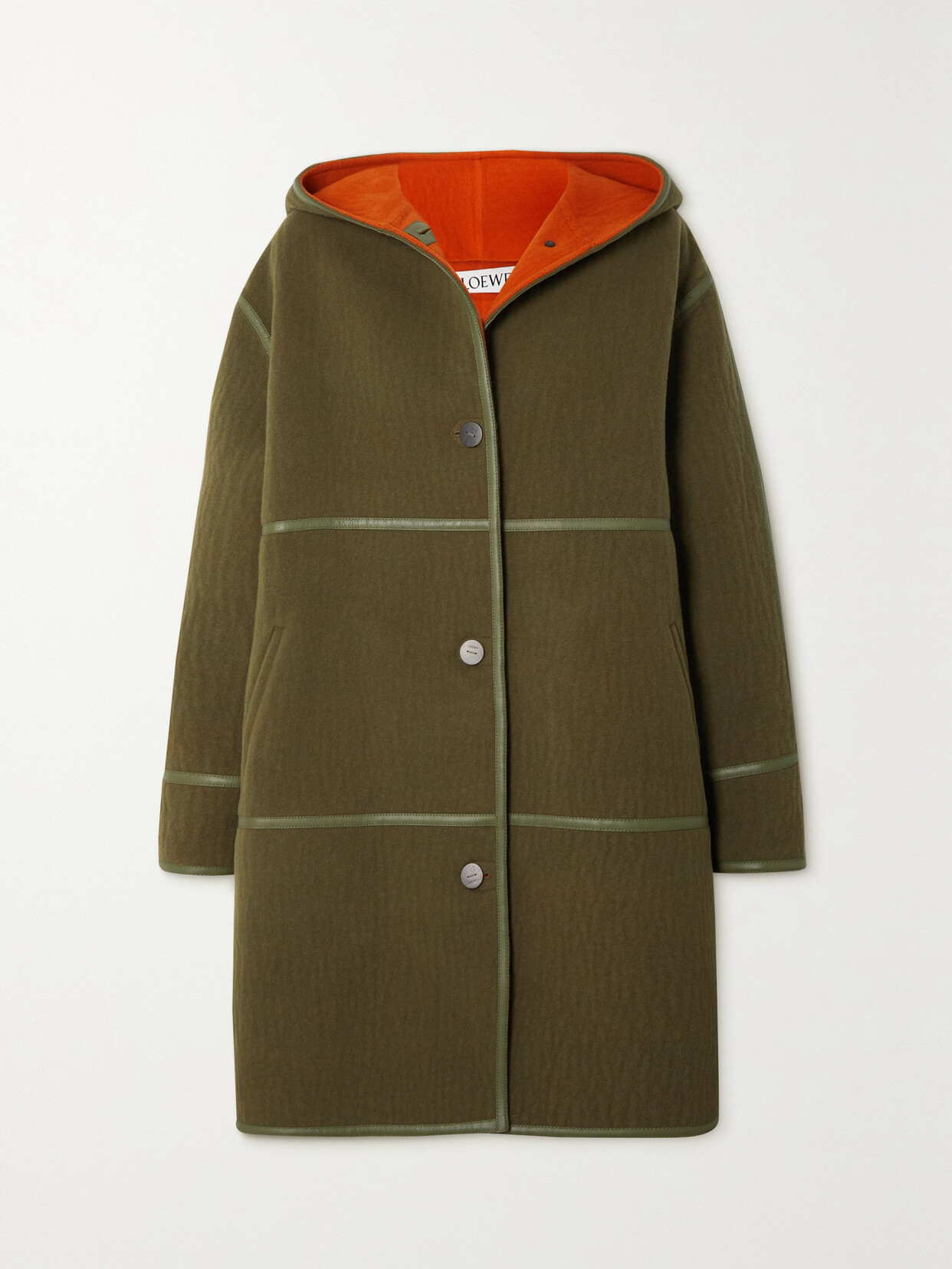 Loewe Hooded Leather-trimmed Wool-felt Coat In Green