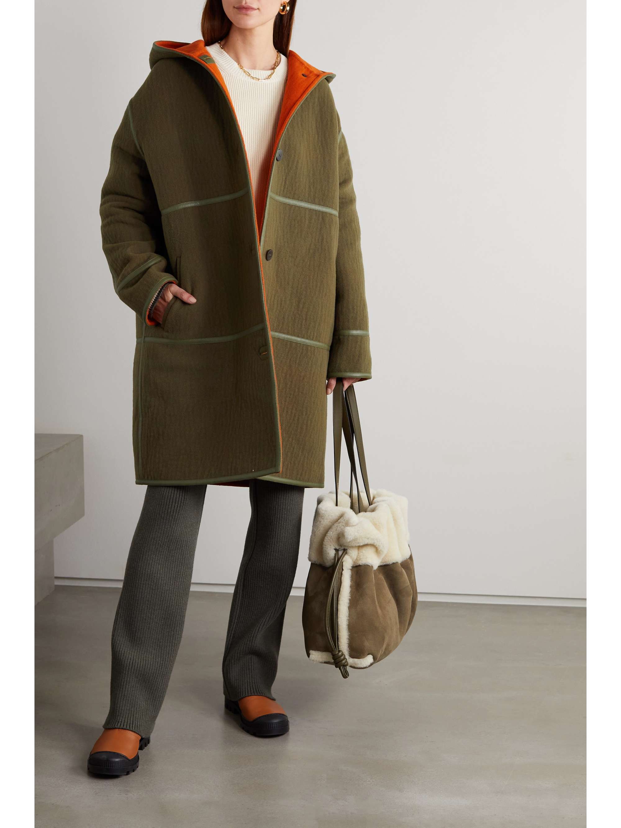 LOEWE Hooded leather-trimmed wool-felt coat