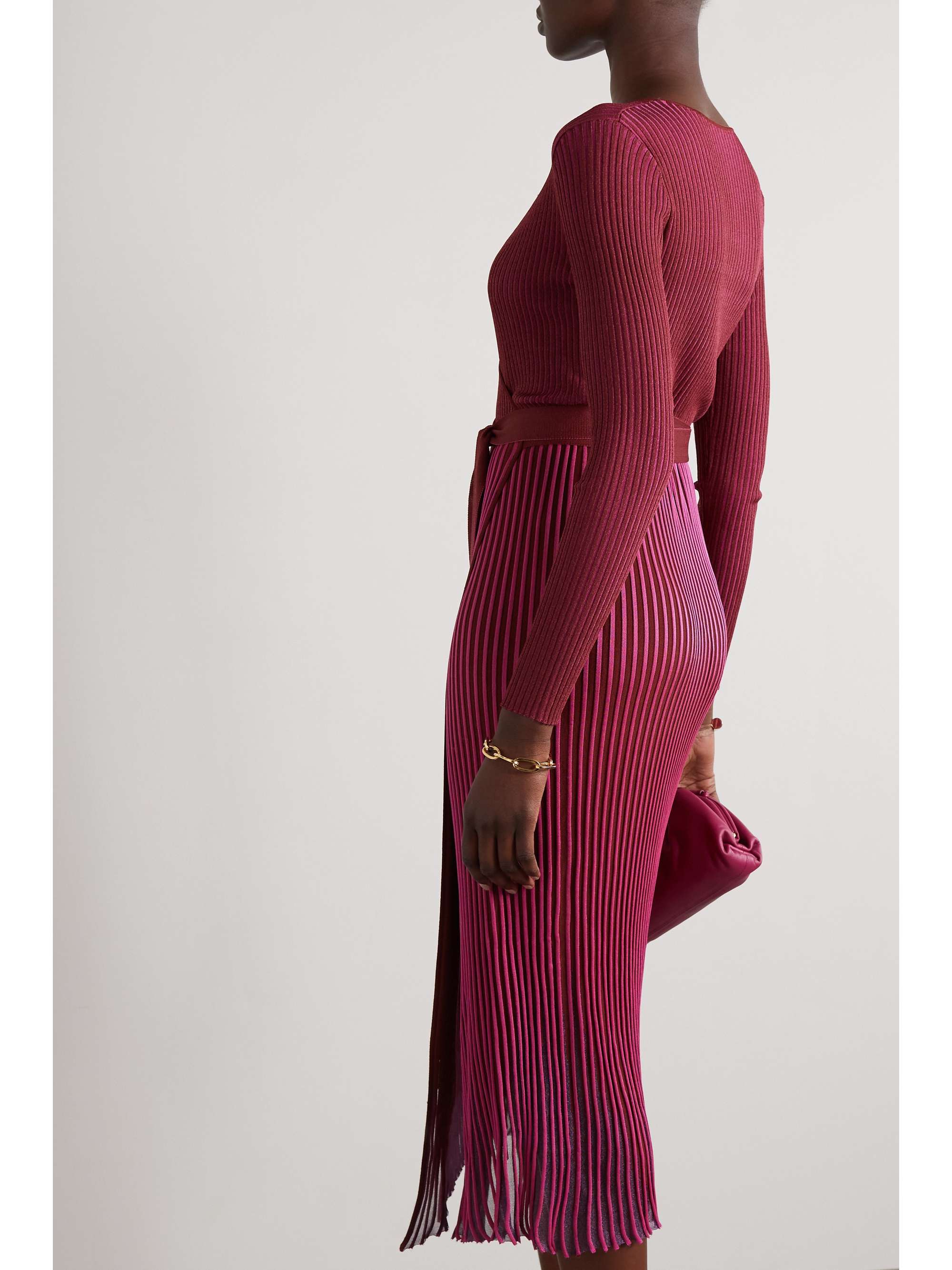 Burgundy Dara belted ribbed-knit midi ...