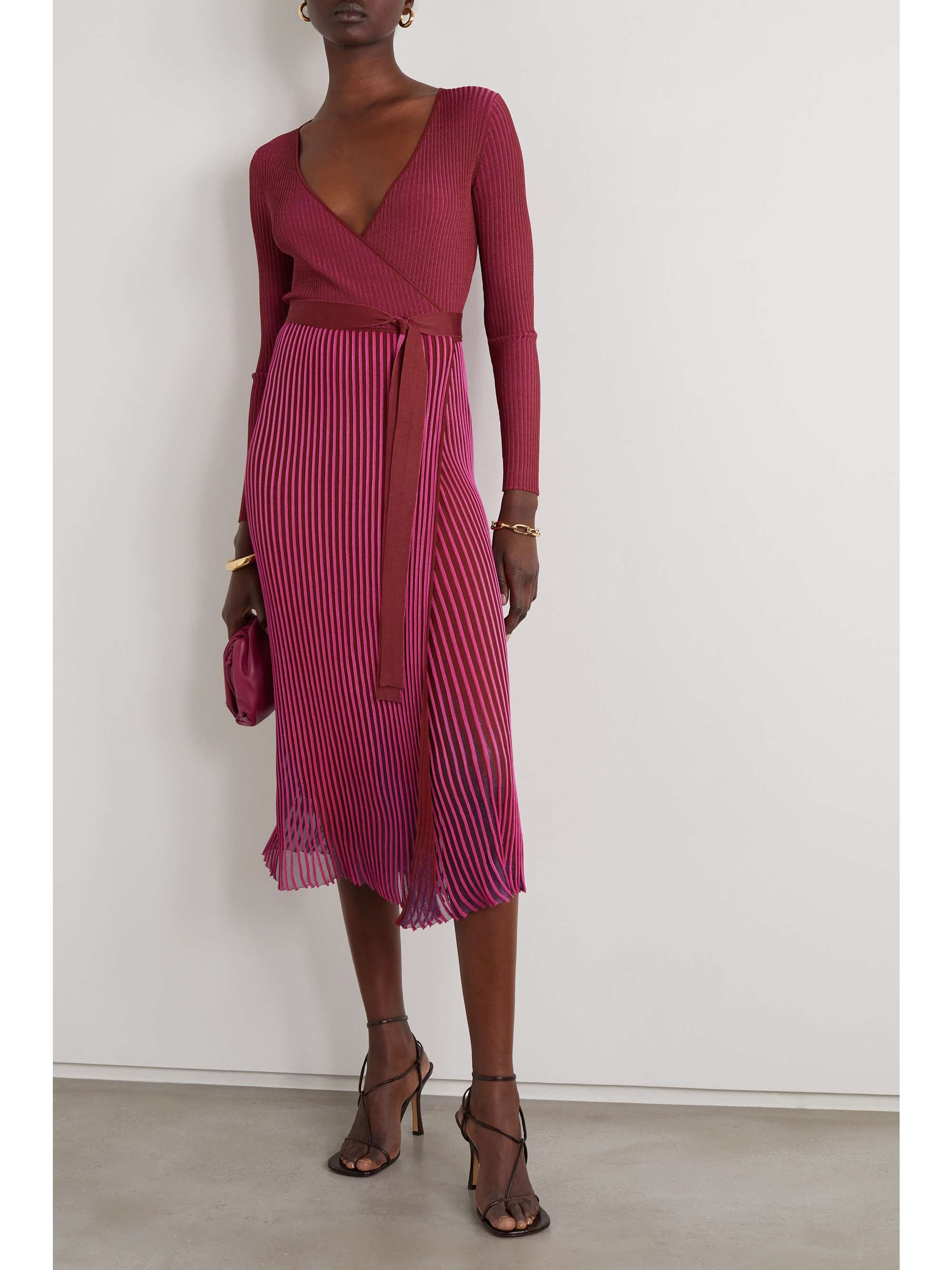 Burgundy Dara belted ribbed-knit midi ...