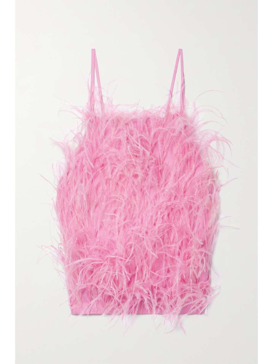 top rosa con piume
