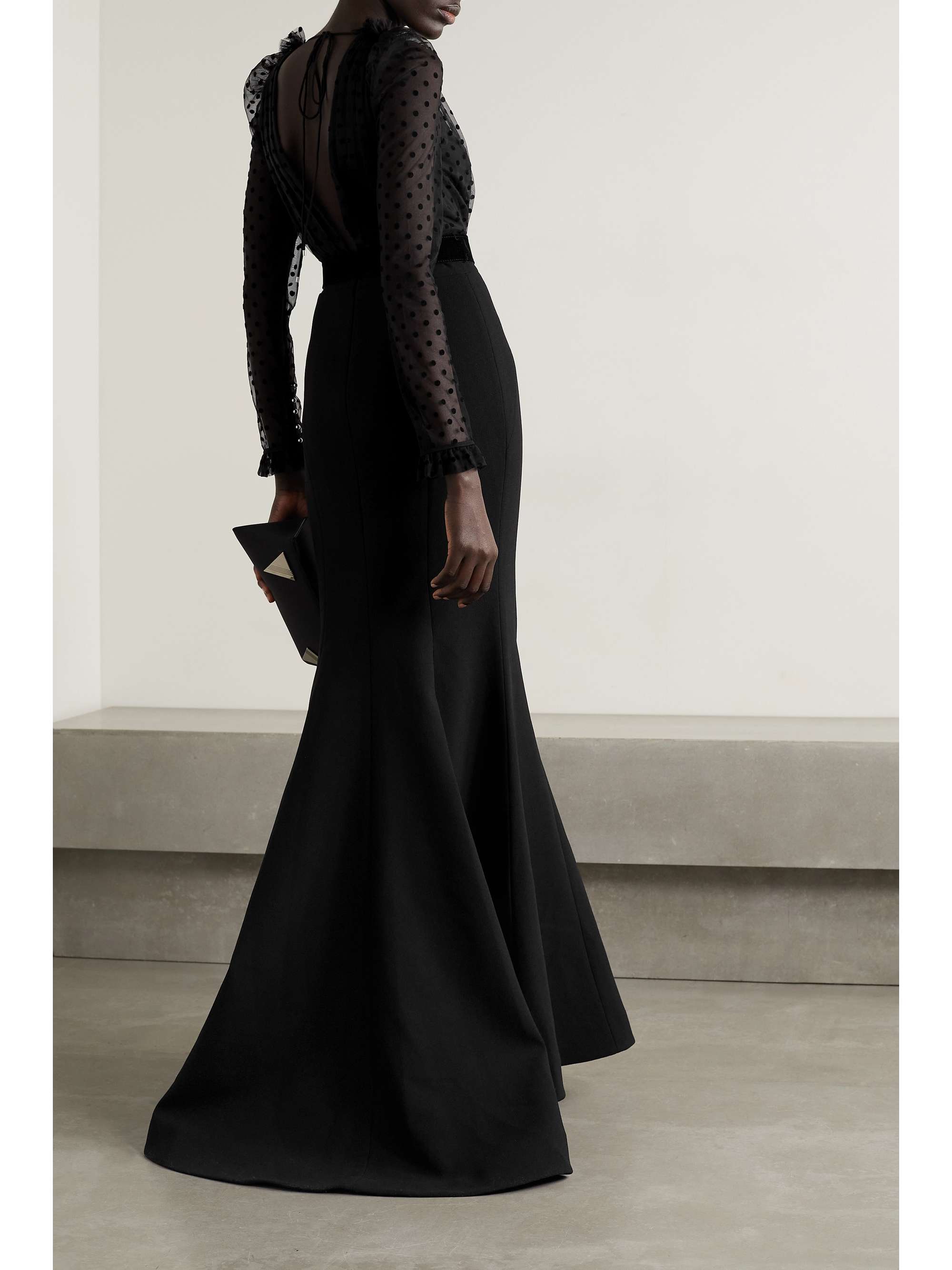 REBECCA VALLANCE Tiffani belted polka-dot flocked tulle and crepe gown