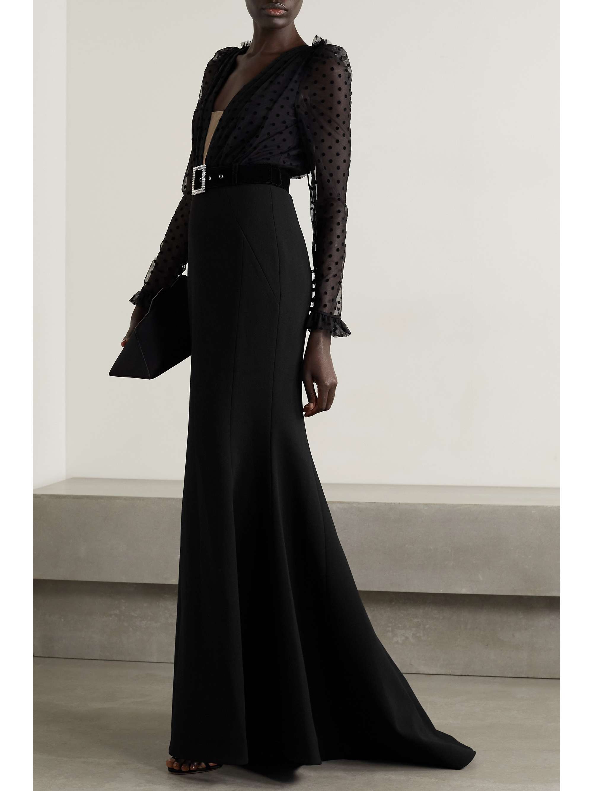 REBECCA VALLANCE Tiffani belted polka-dot flocked tulle and crepe gown