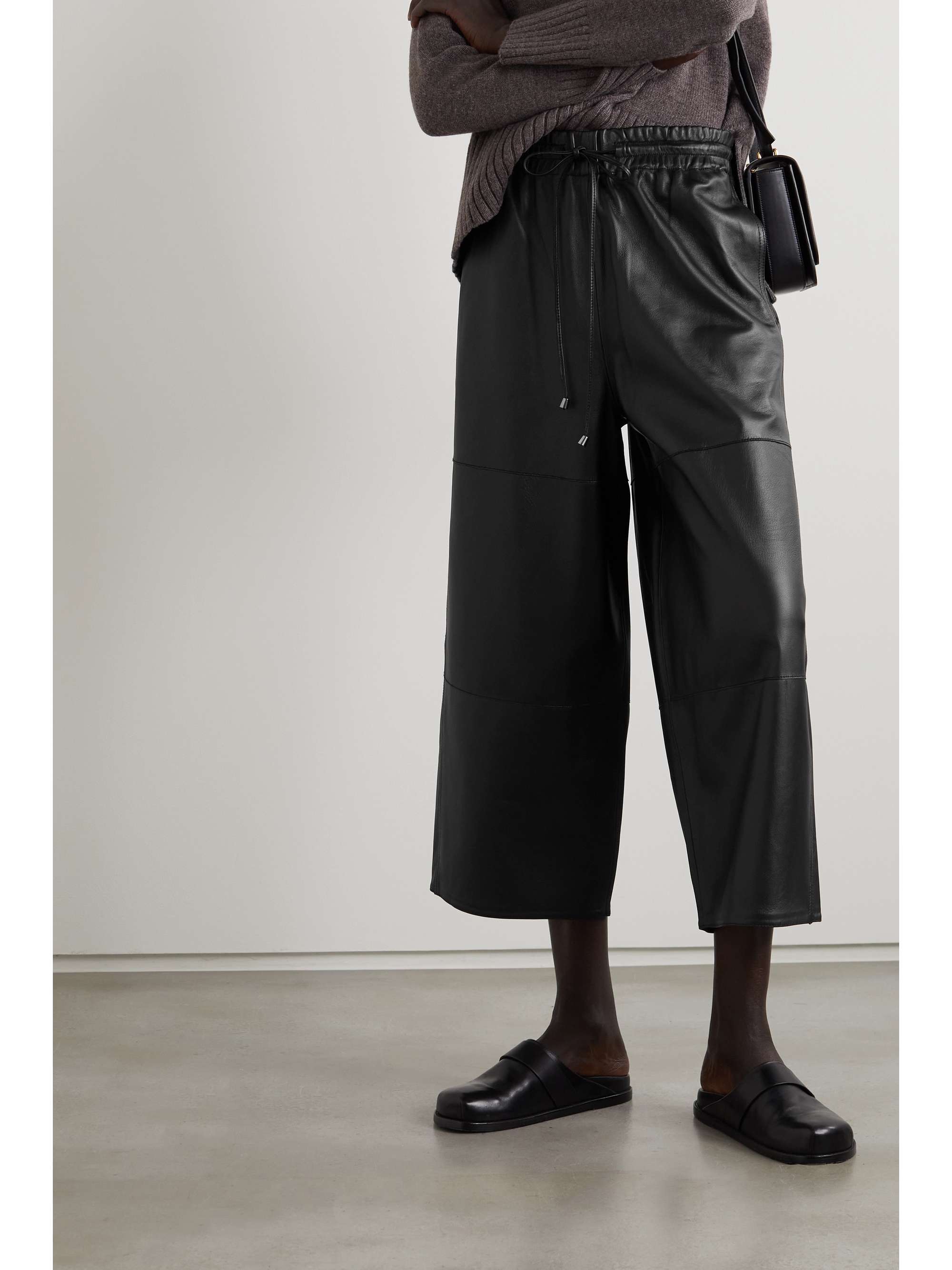 Black Cropped leather wide-leg pants 