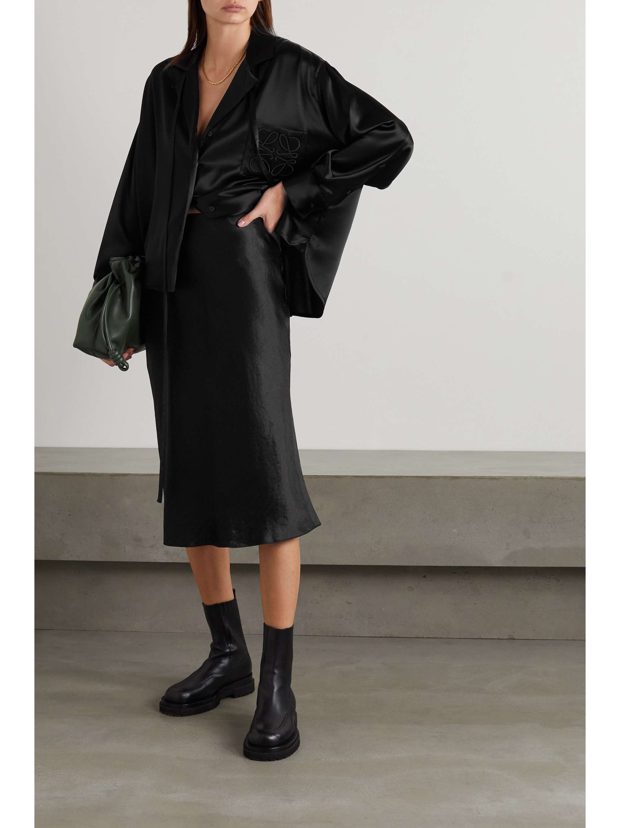 VINCE Washed-satin midi skirt