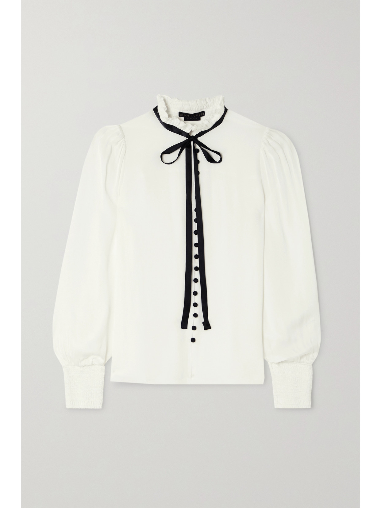 ALICE AND OLIVIA ZINA SILK-BLEND SATIN-TRIMMED CREPE BLOUSE