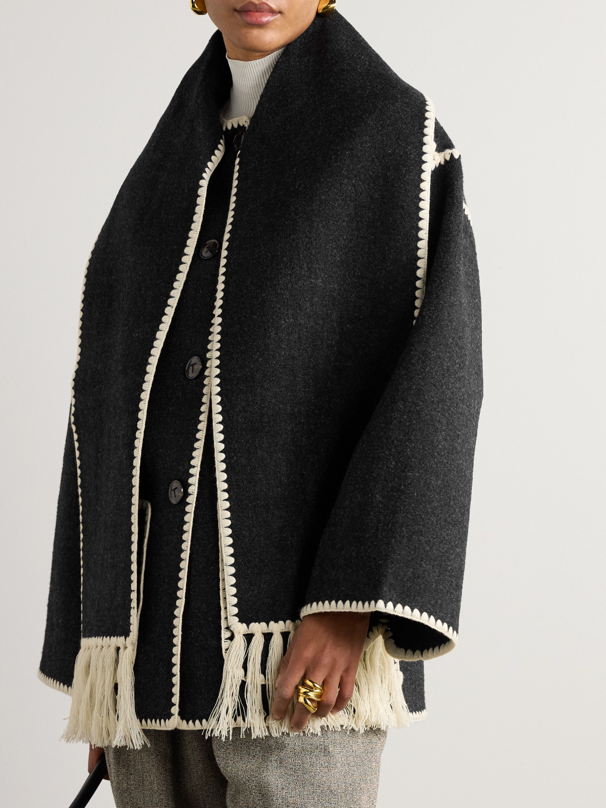 Totême Womens Dark Grey Melange Scarf-overlay Contrast-trim Relaxed-fit Wool-blend Jacket