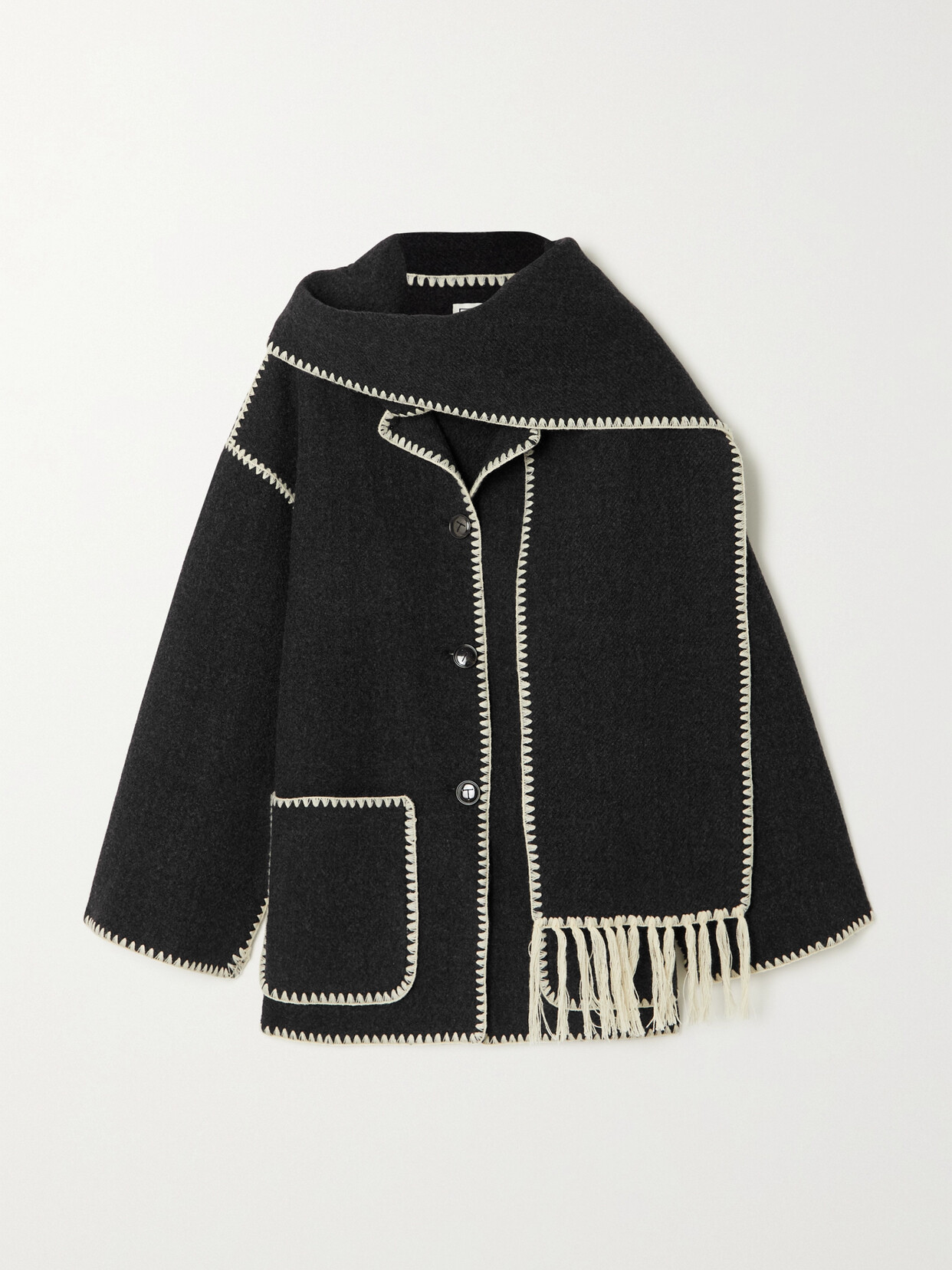 Shop Totême + Net Sustain Draped Fringed Wool-blend Jacket In Gray