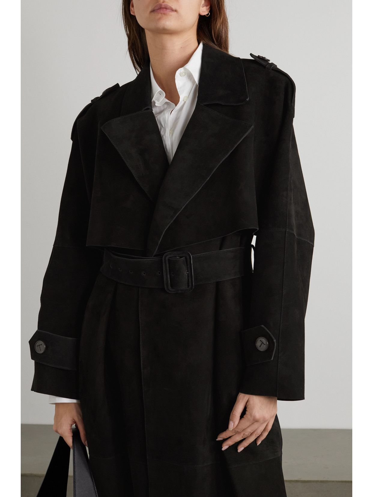 Totême Belted Suede Trench Coat In Black | ModeSens