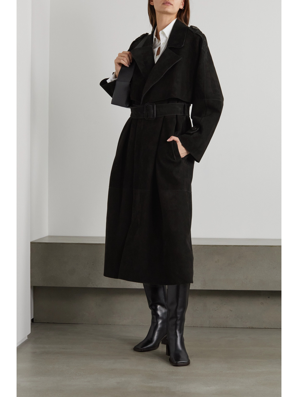 Totême Belted Suede Trench Coat In Black | ModeSens