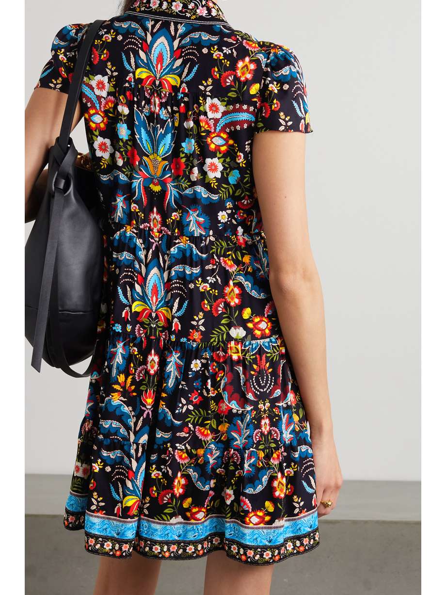 Black Meeko embroidered floralprint crepe mini shirt dress ALICE