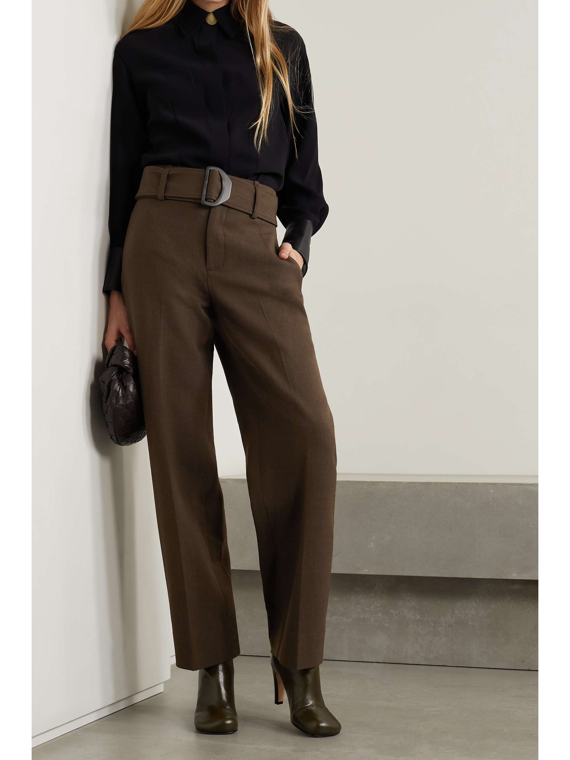Brown Belted wool-blend wide-leg pants 