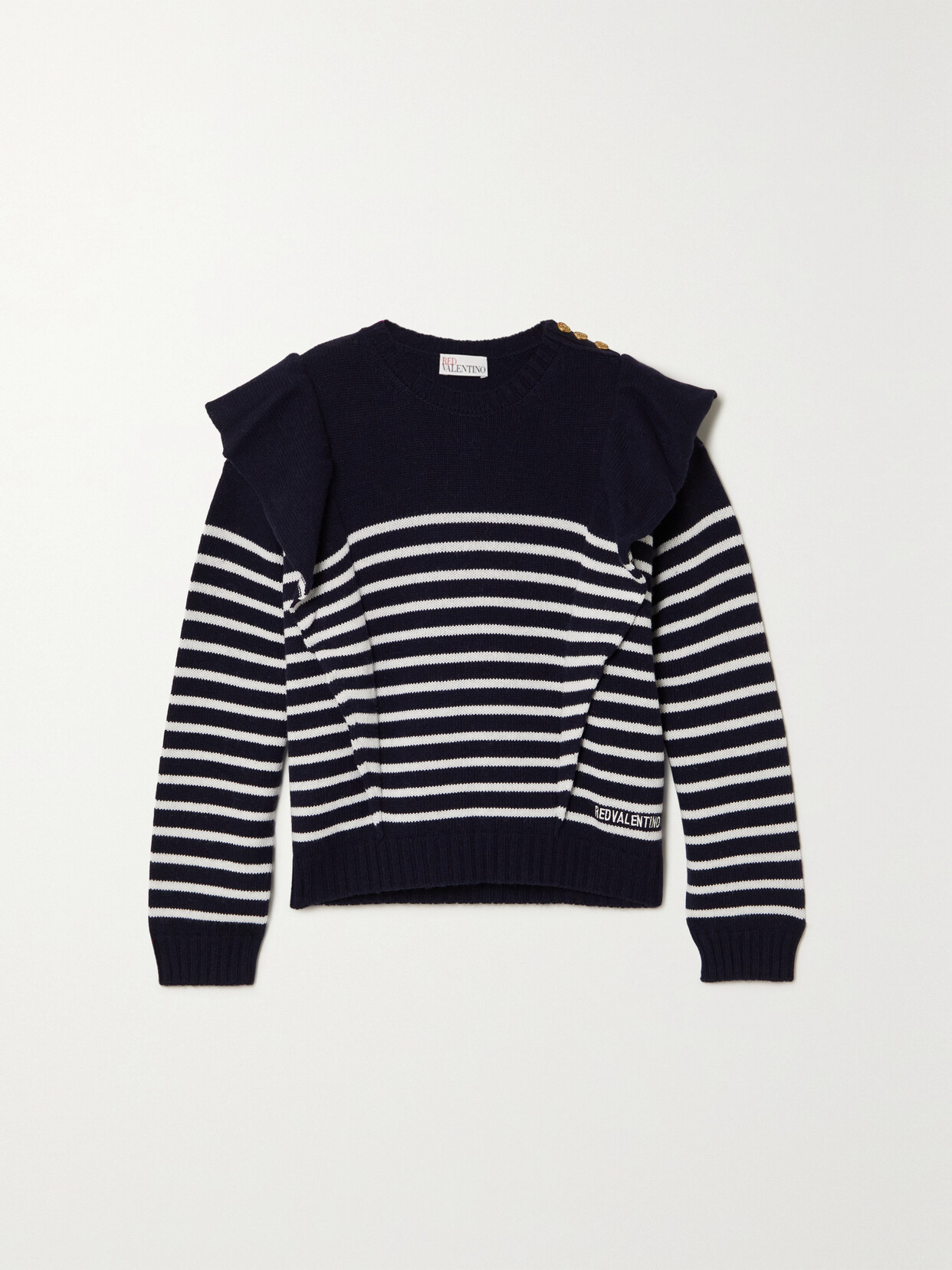 Red Valentino Maglia Button-embellished Ruffled Striped Knitted Sweater In  Bluavorio | ModeSens
