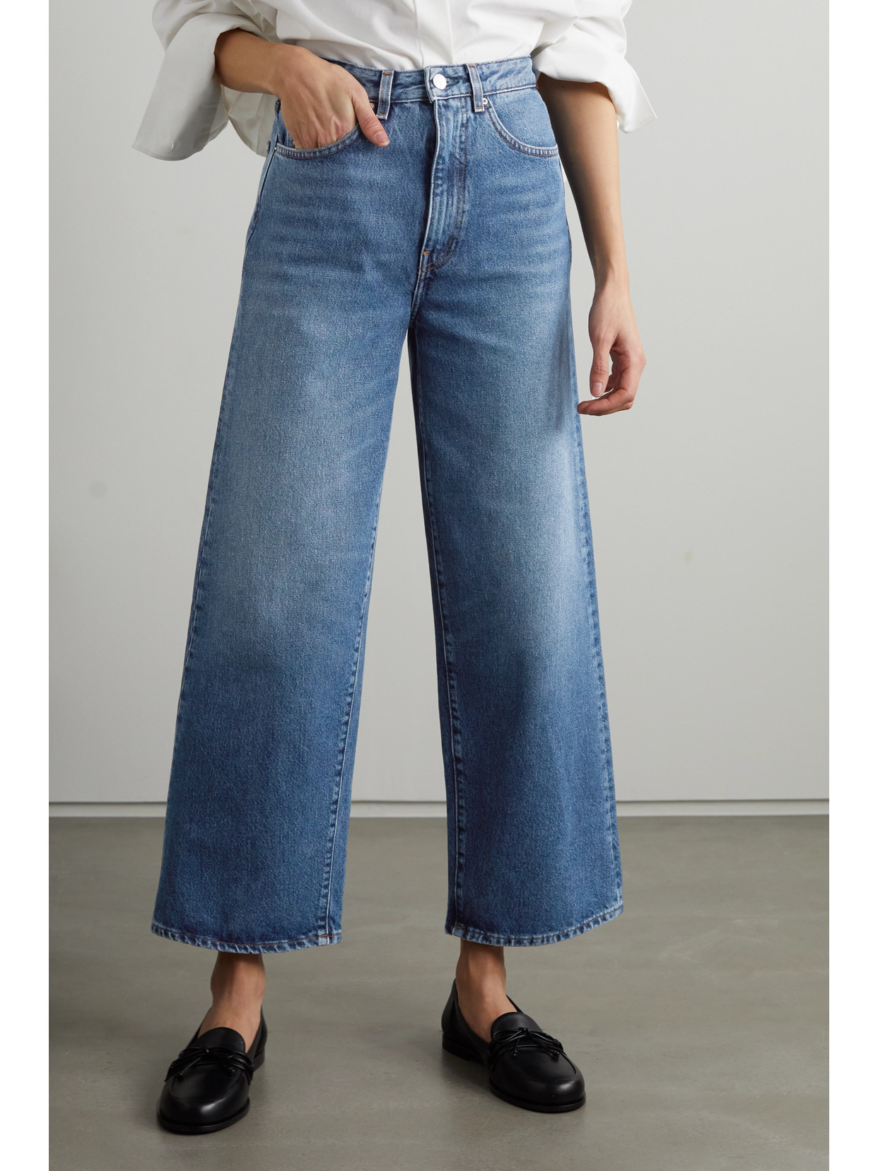 Shop Totême + Net Sustain Cropped High-rise Flared Organic Jeans In Blue