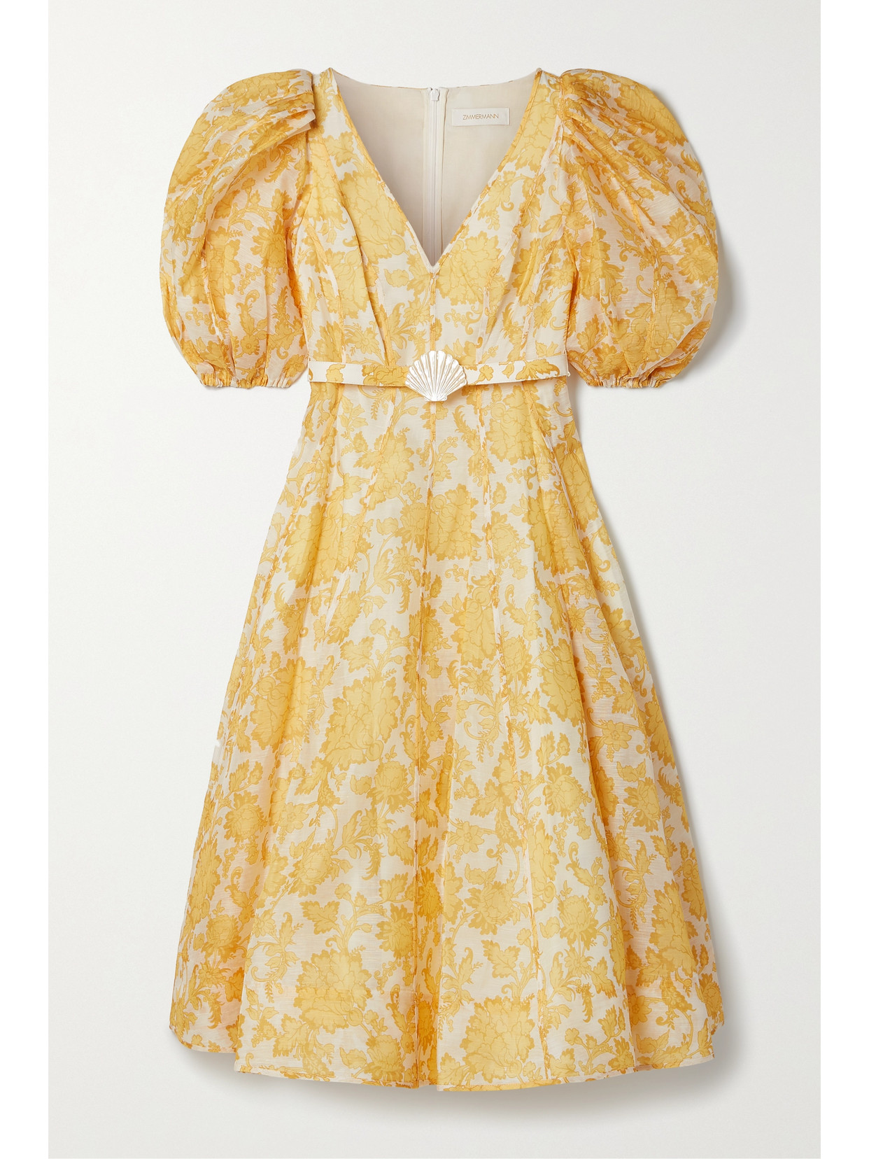 ZIMMERMANN POSTCARD BELTED FLORAL-PRINT LINEN AND SILK-BLEND MIDI DRESS