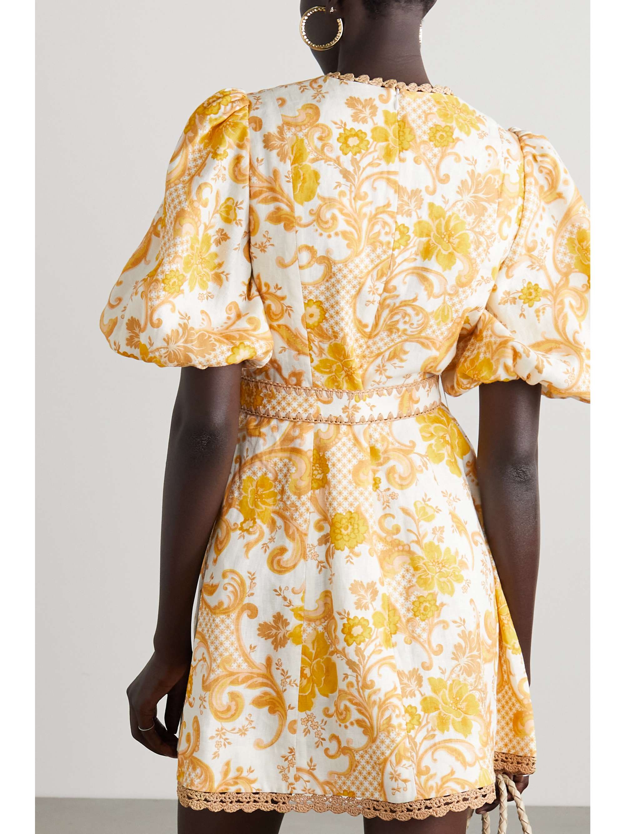Yellow Postcard raffia and crochet-trimmed cutout printed linen mini dress | ZIMMERMANN | NET-A 