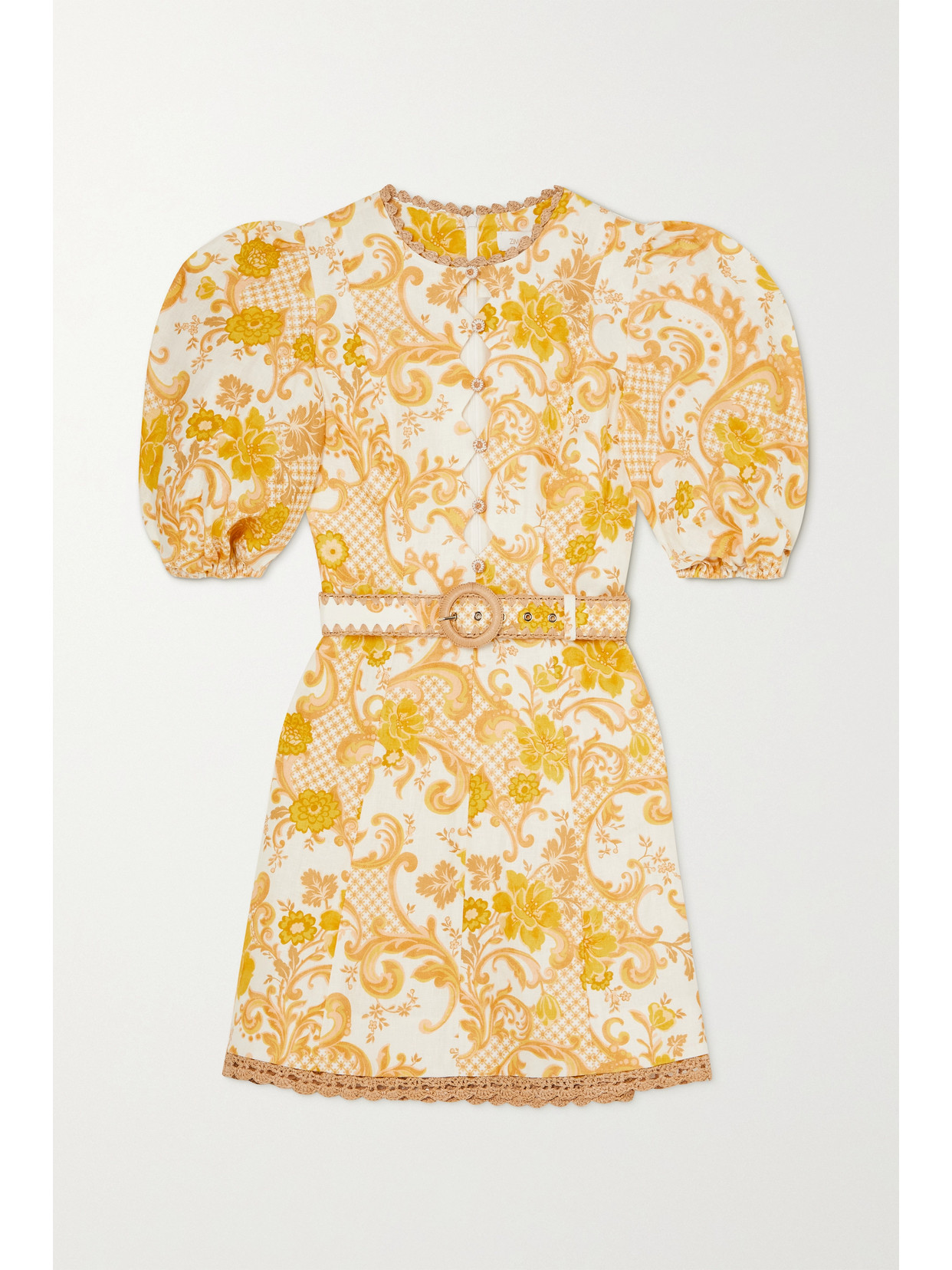 Zimmermann - Postcard Raffia And Crochet-trimmed Cutout Printed Linen Mini Dress - Yellow from 