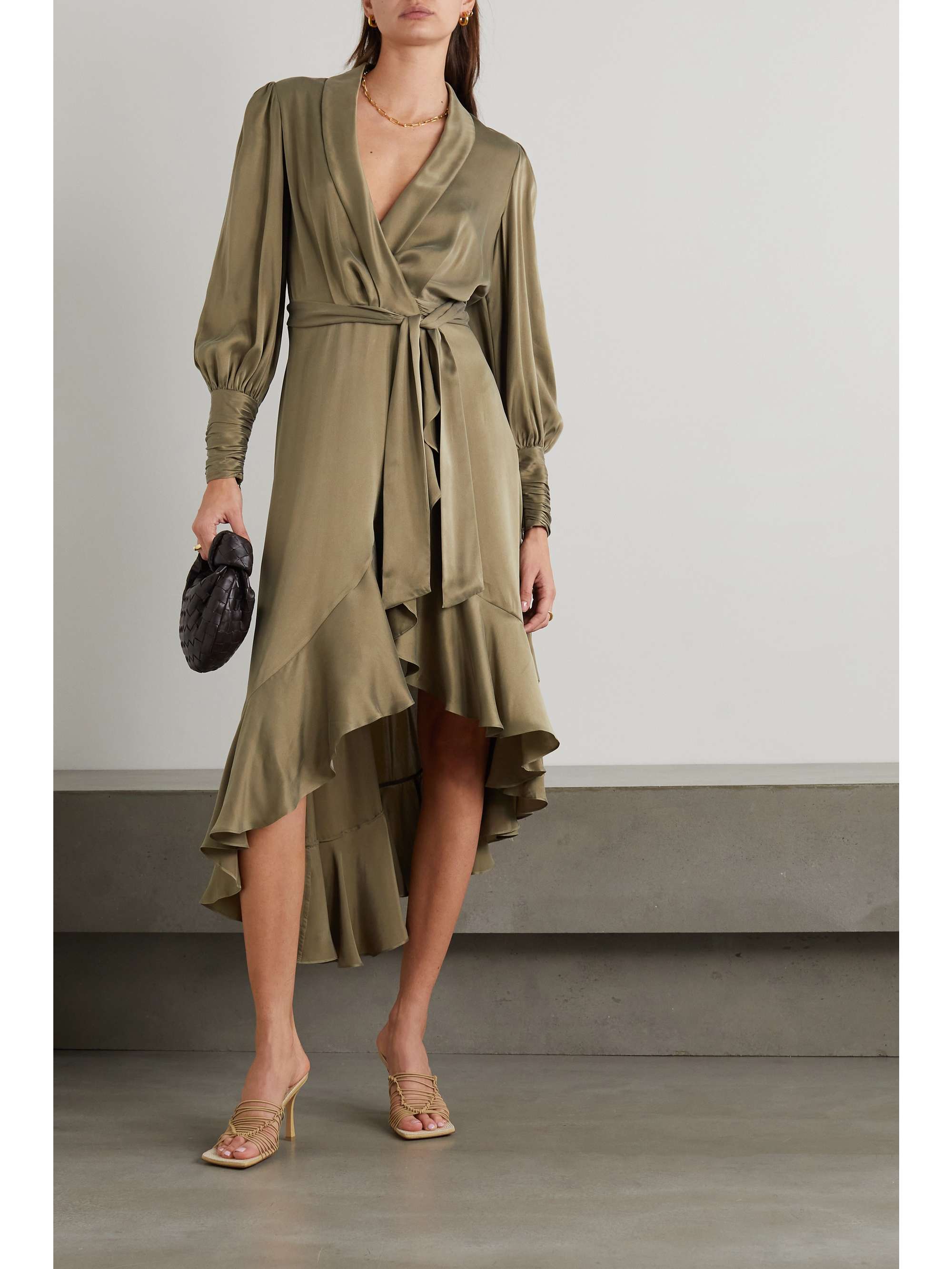 Army green Asymmetric ruffled silk-satin wrap dress | ZIMMERMANN |  NET-A-PORTER