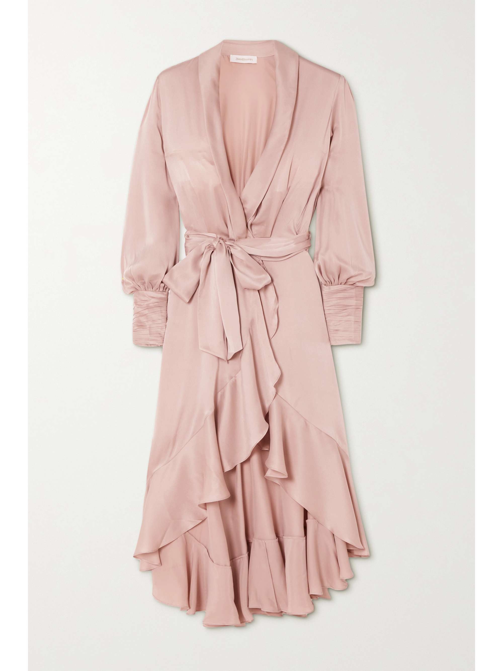 Pink Asymmetric ruffled silk-satin wrap dress | ZIMMERMANN | NET-A-PORTER