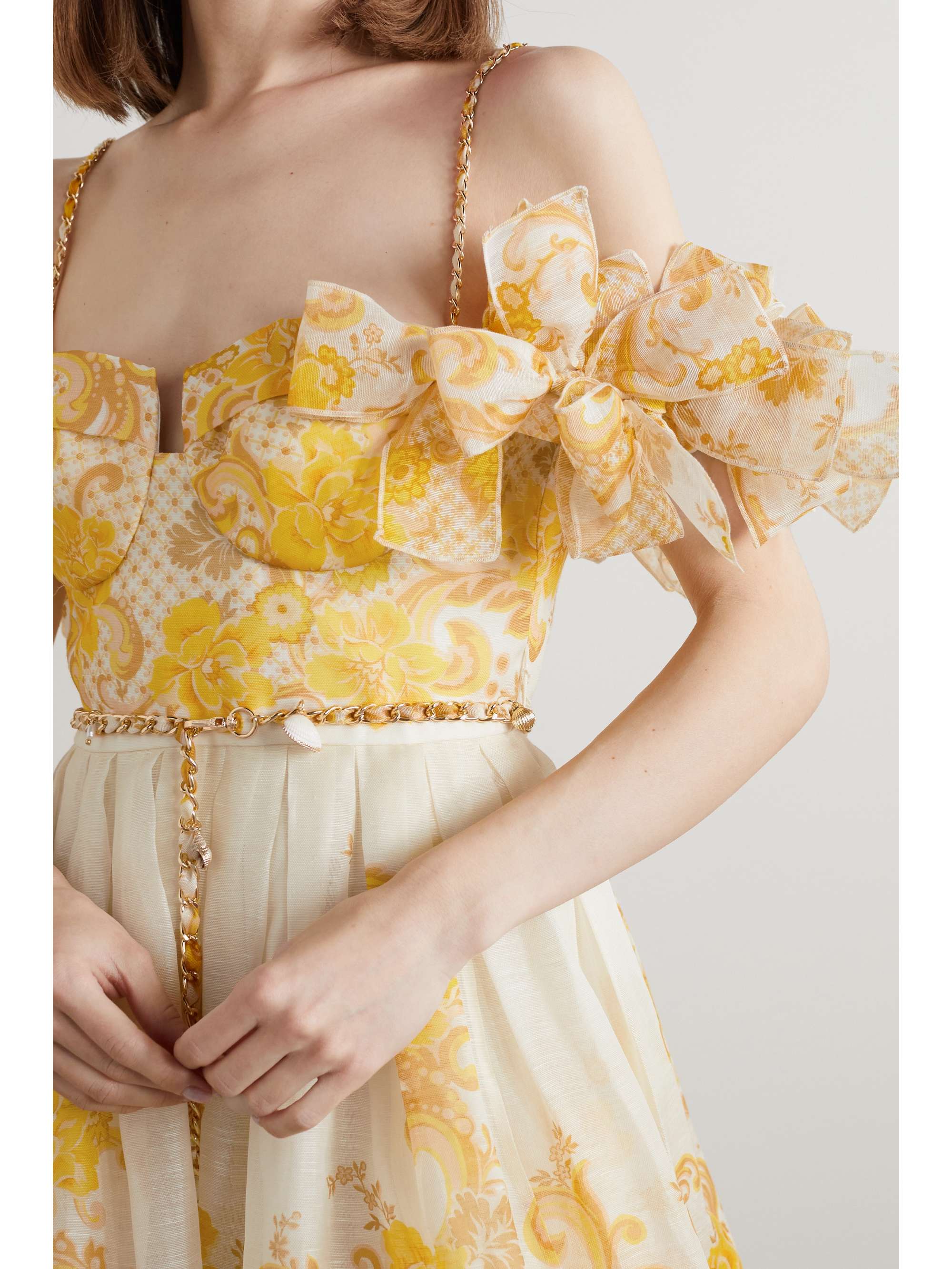 Yellow Postcard cold-shoulder embellished floral-print silk and linen-blend mini dress 