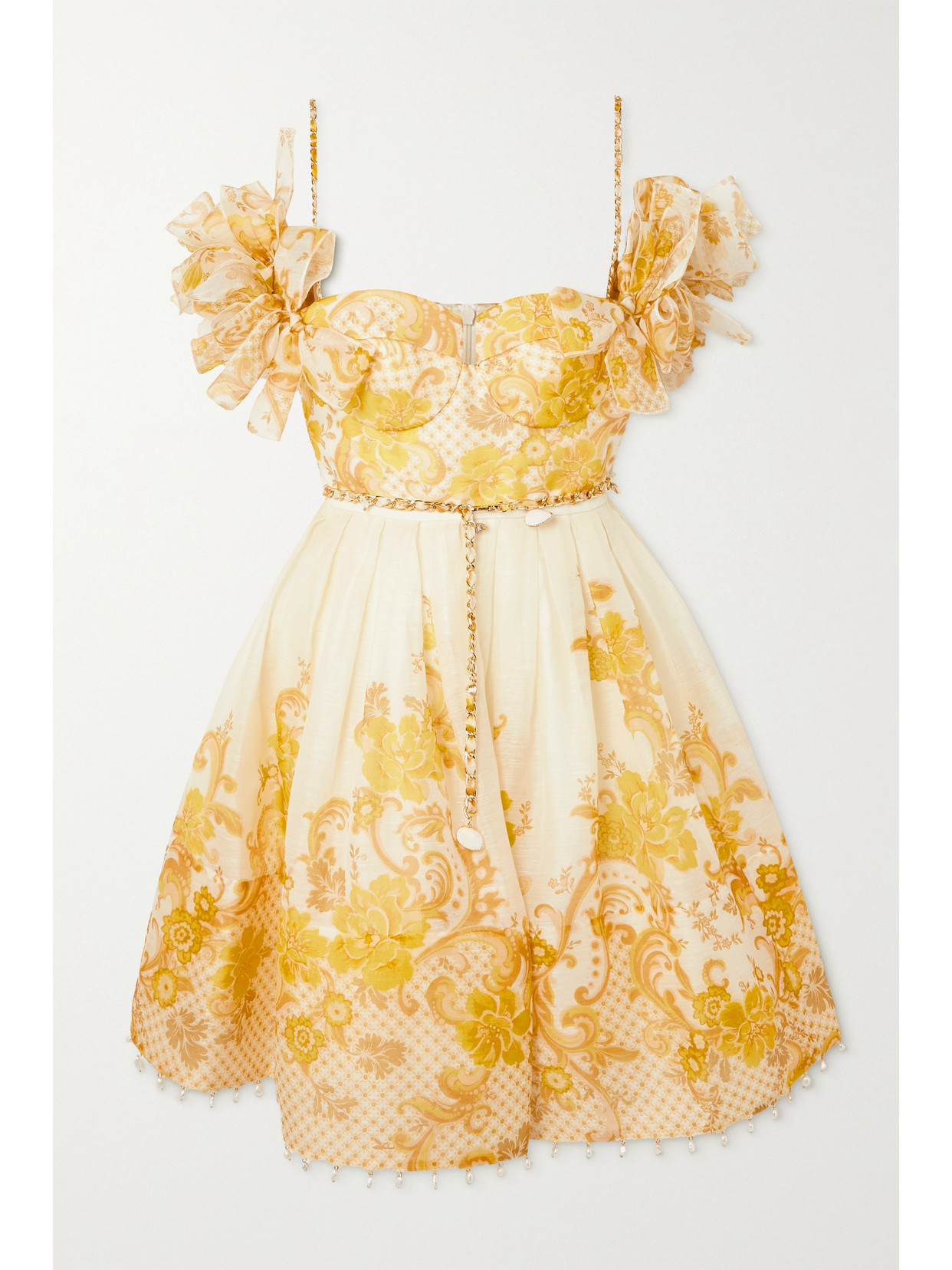 ZIMMERMANN POSTCARD COLD-SHOULDER EMBELLISHED FLORAL-PRINT SILK AND LINEN-BLEND MINI DRESS