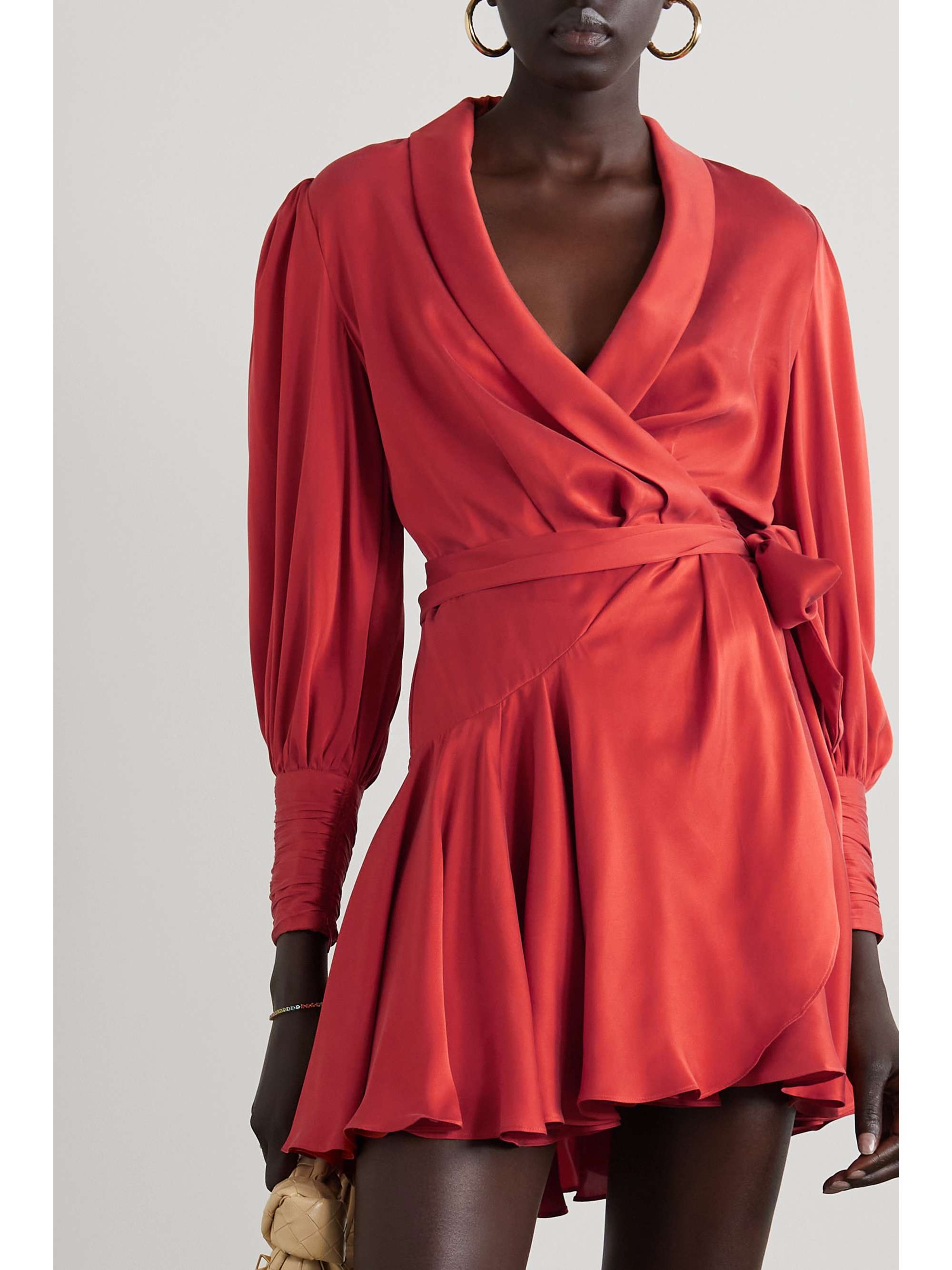 Red Ruffled silk-satin wrap mini dress ...