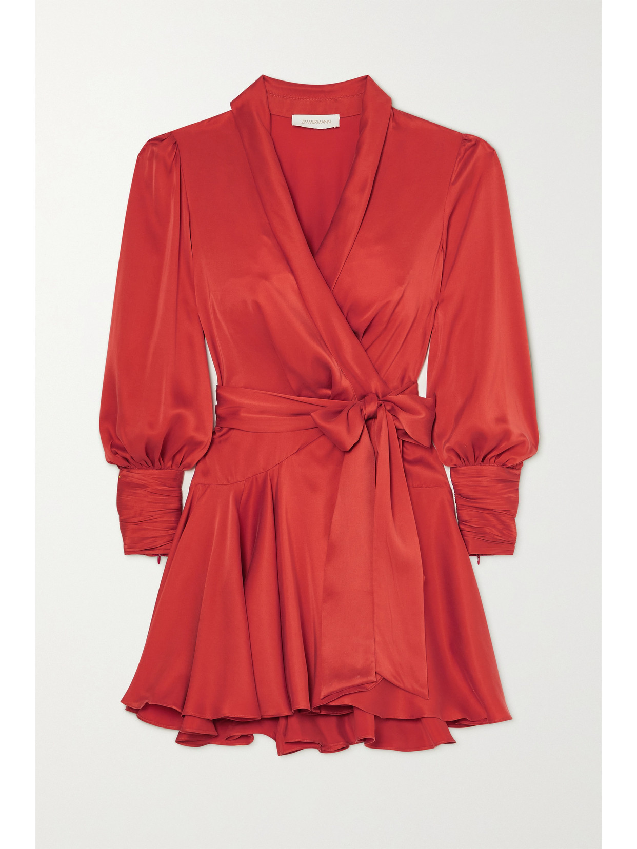 Zimmermann Ruffled Silk-satin Wrap Mini Dress In Red