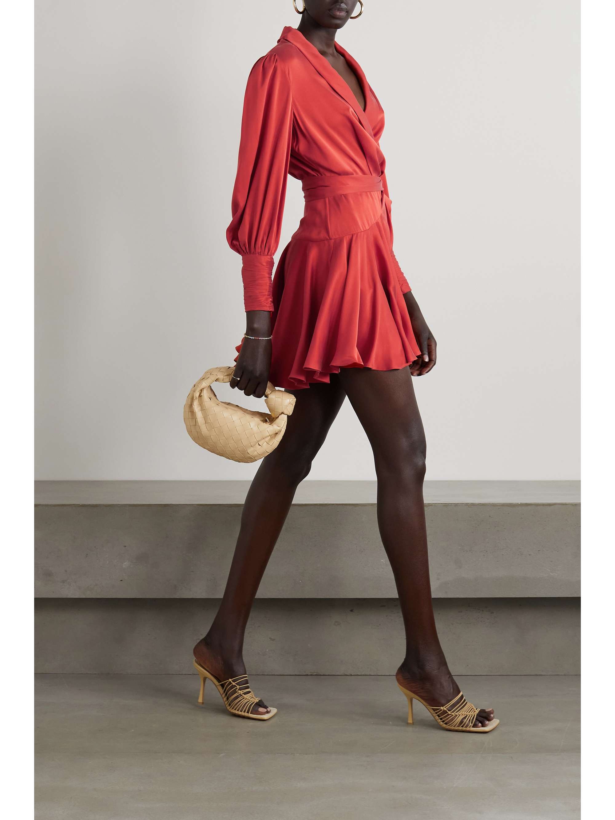 Red Ruffled silk-satin wrap mini dress ...