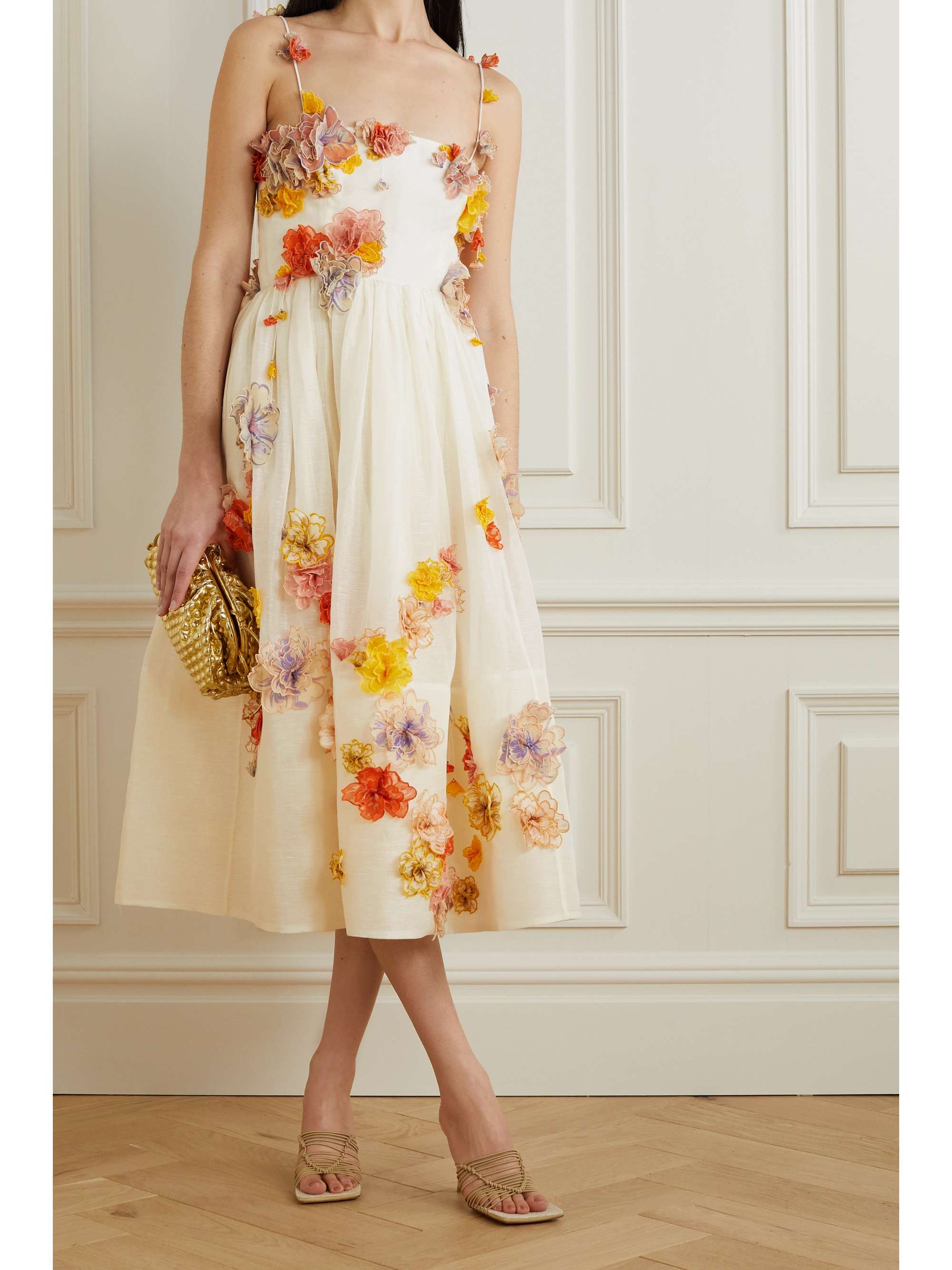 White Postcard appliquÃ©d linen and silk-blend midi dress | ZIMMERMANN | NET-A-PORTER