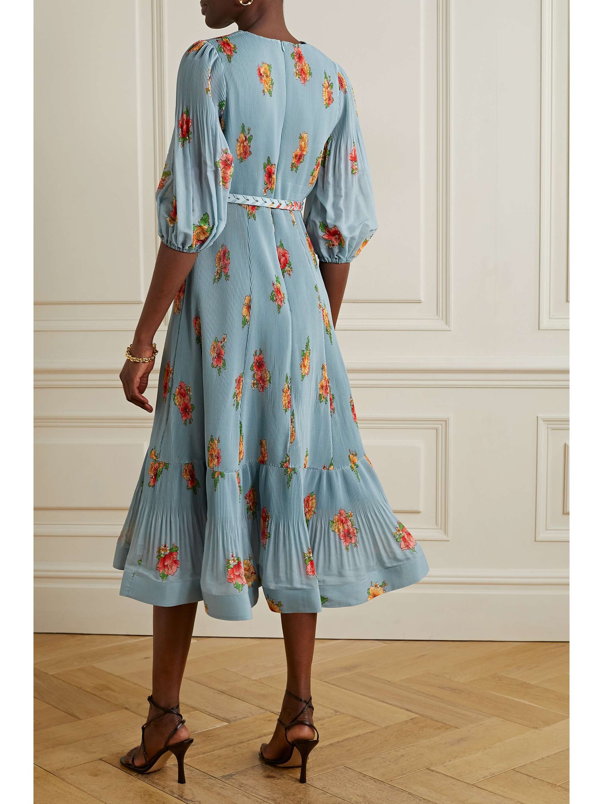 ZIMMERMANN Belted floral-print plissé-organza midi dress