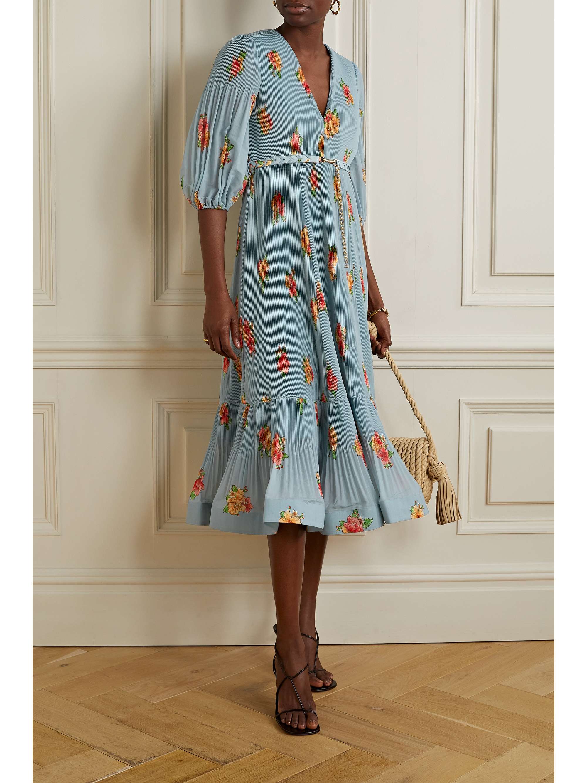 ZIMMERMANN Belted floral-print plissé-organza midi dress