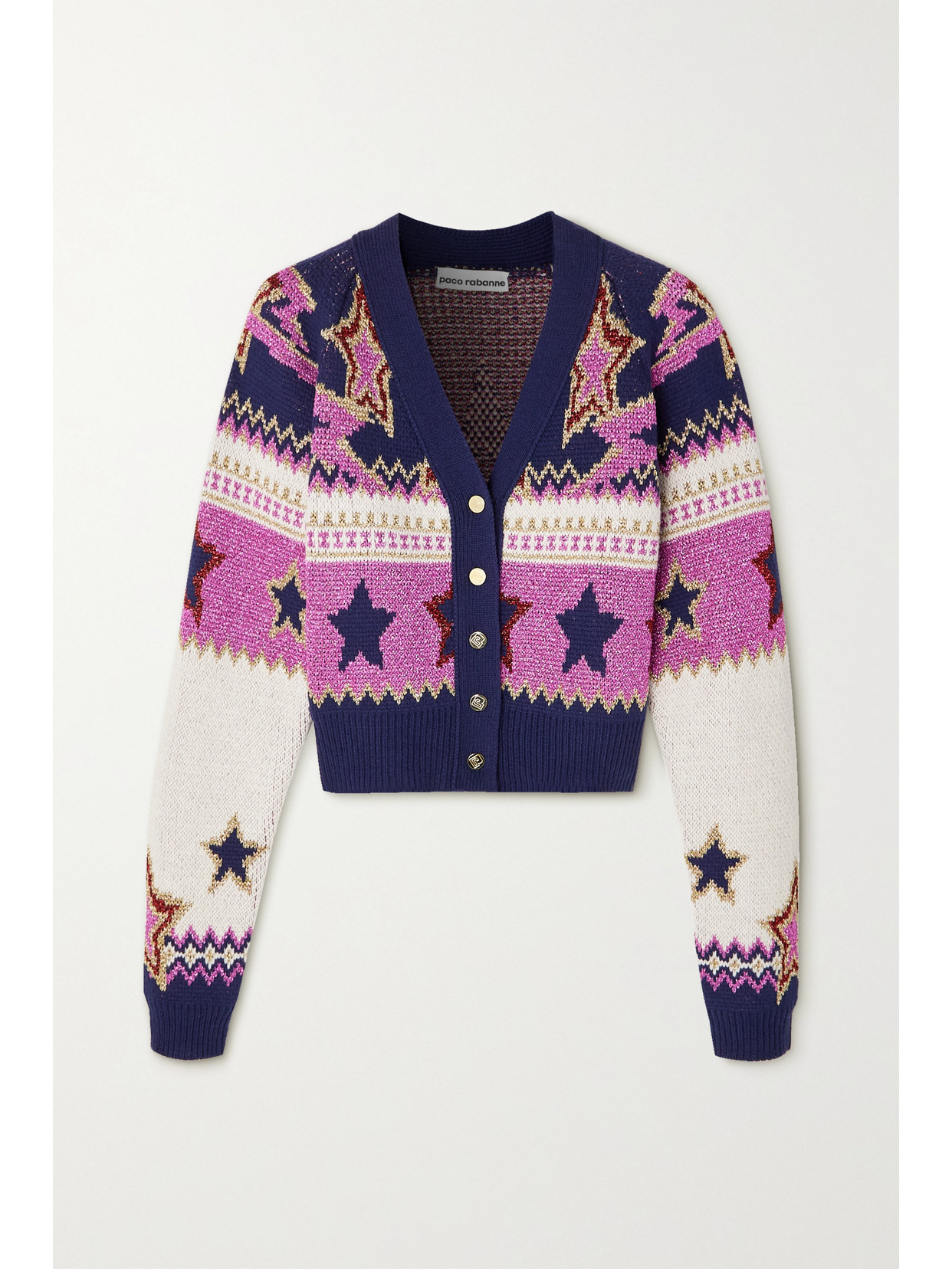 RABANNE STARDUST CROPPED FAIR ISLE METALLIC KNITTED CARDIGAN