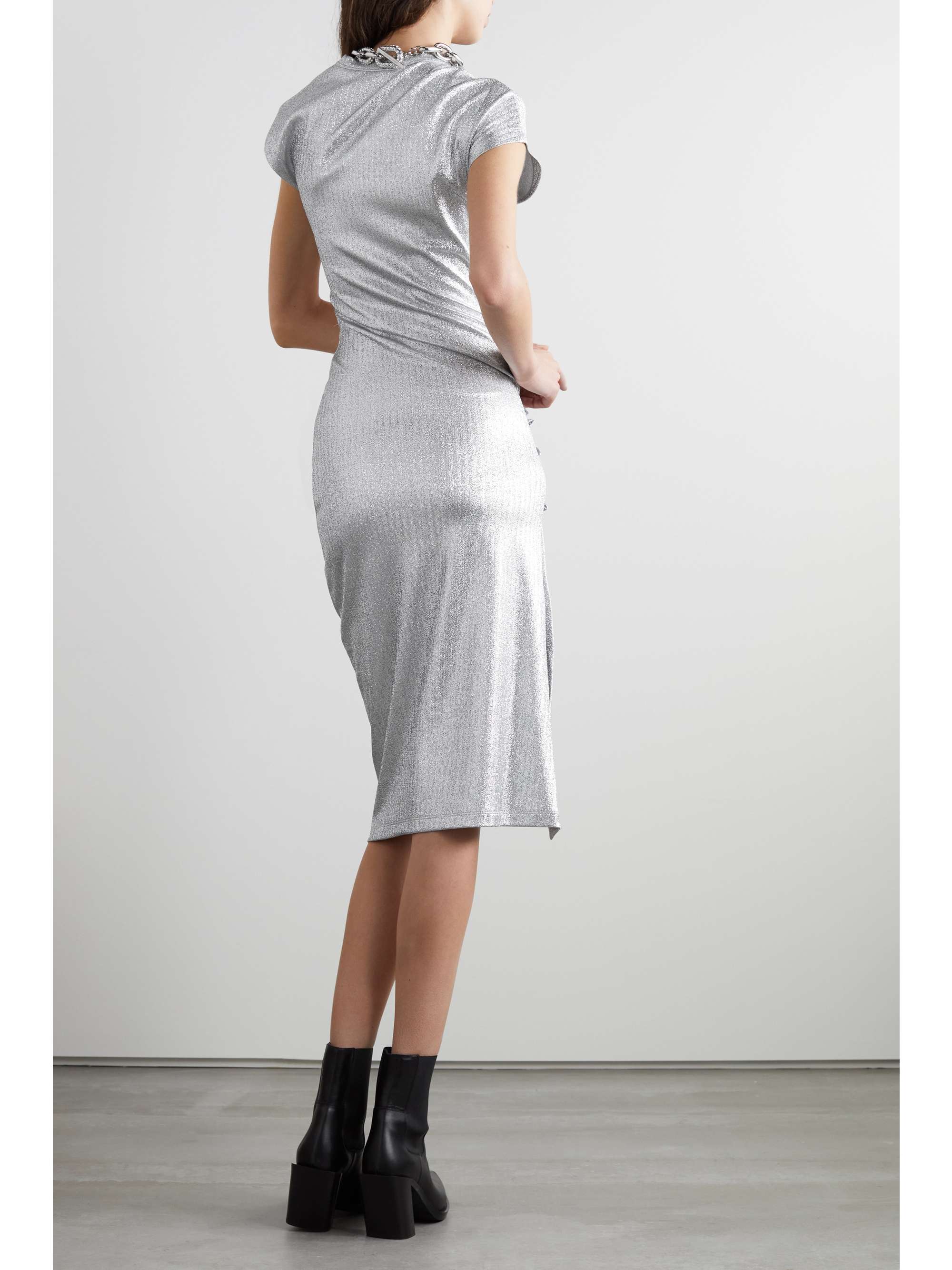 RABANNE Asymmetric ruched stretch-Lurex dress