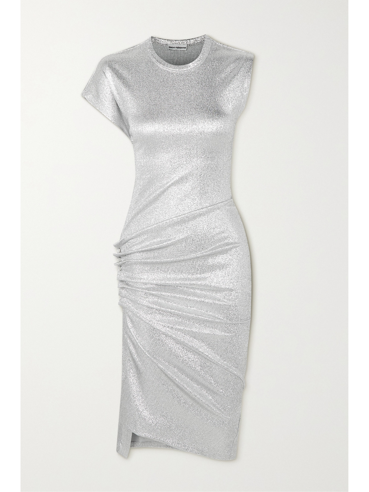 Rabanne Asymmetric Ruched Stretch-lurex Dress In Silver