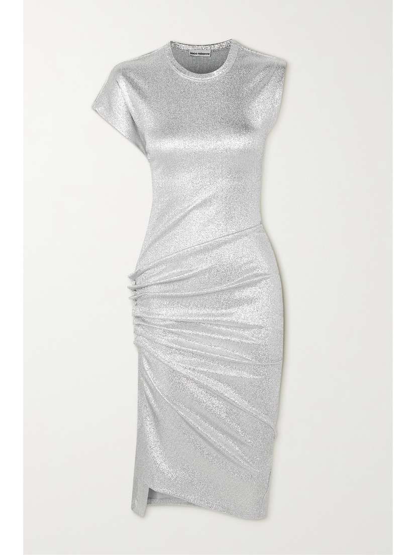 Rabanne Asymmetric Ruched Stretch-lurex Dress