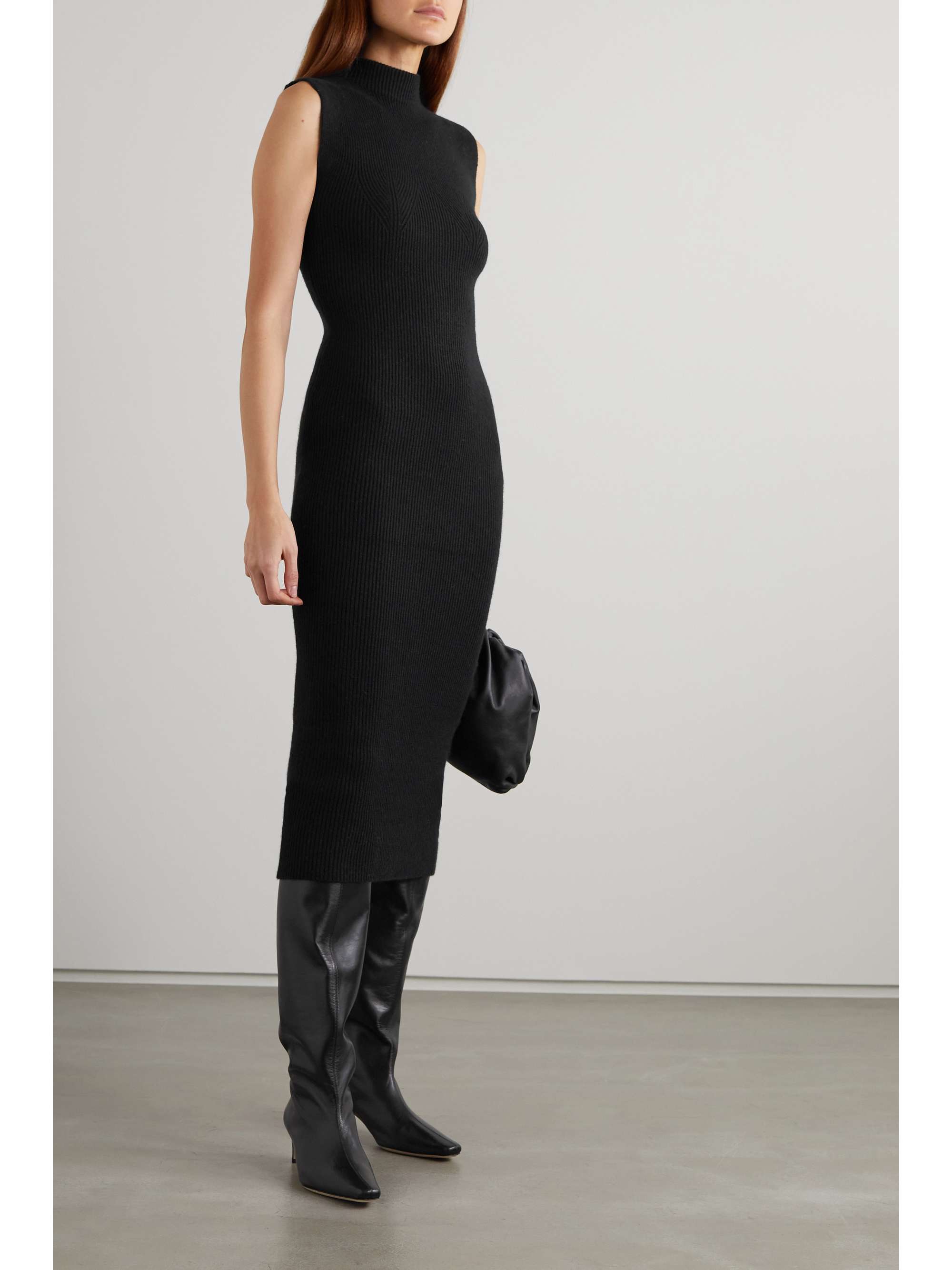 Black Celia ribbed cashmere midi dress 