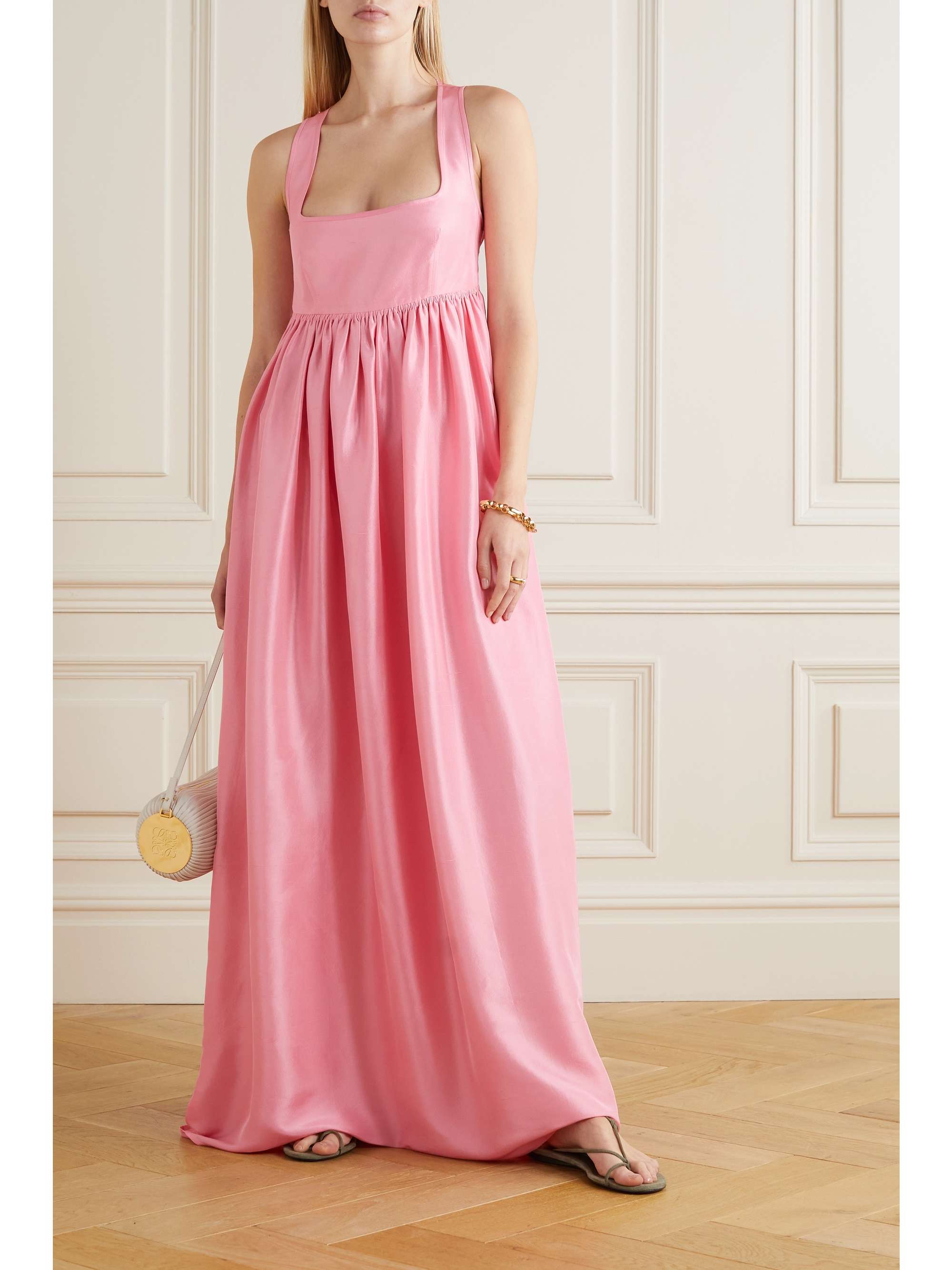 Pink Gathered silk-taffeta maxi dress ...