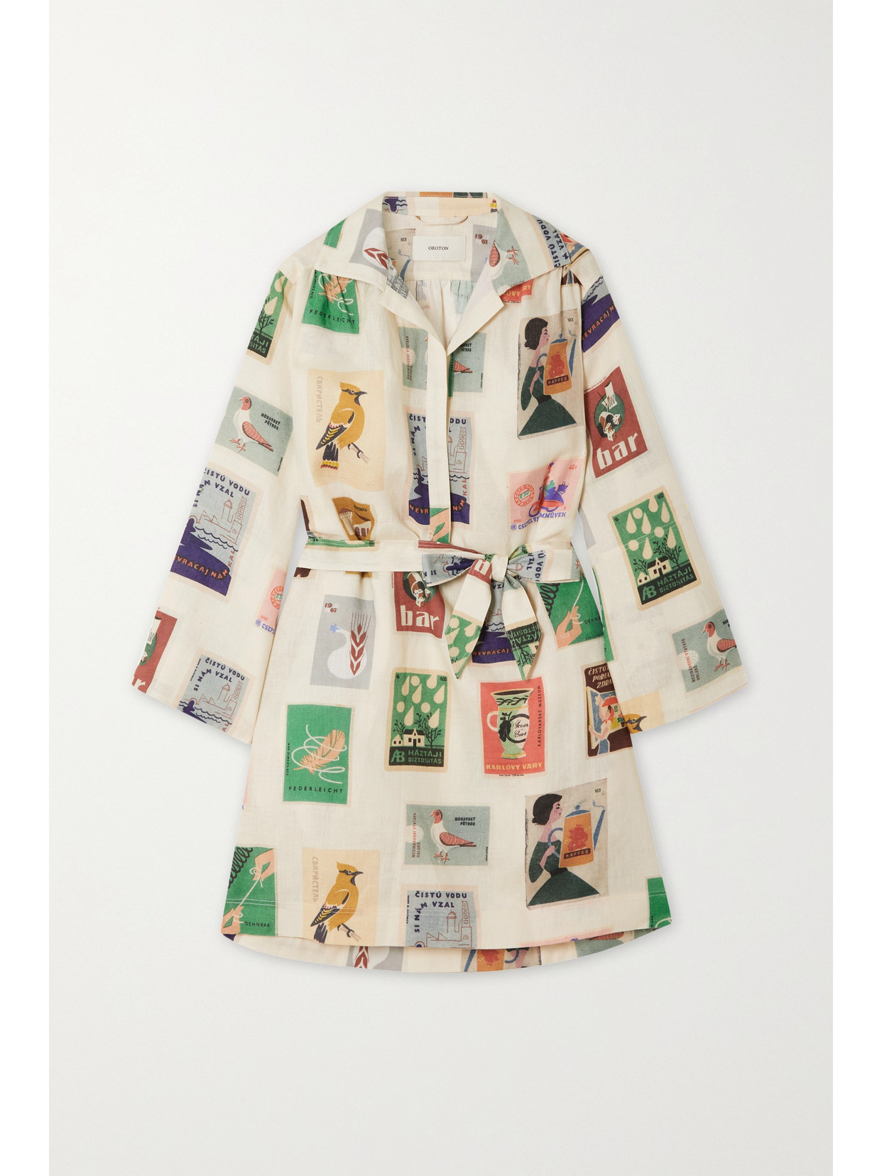 Oroton Belted Printed Linen Mini Shirt Dress In Ecru | ModeSens