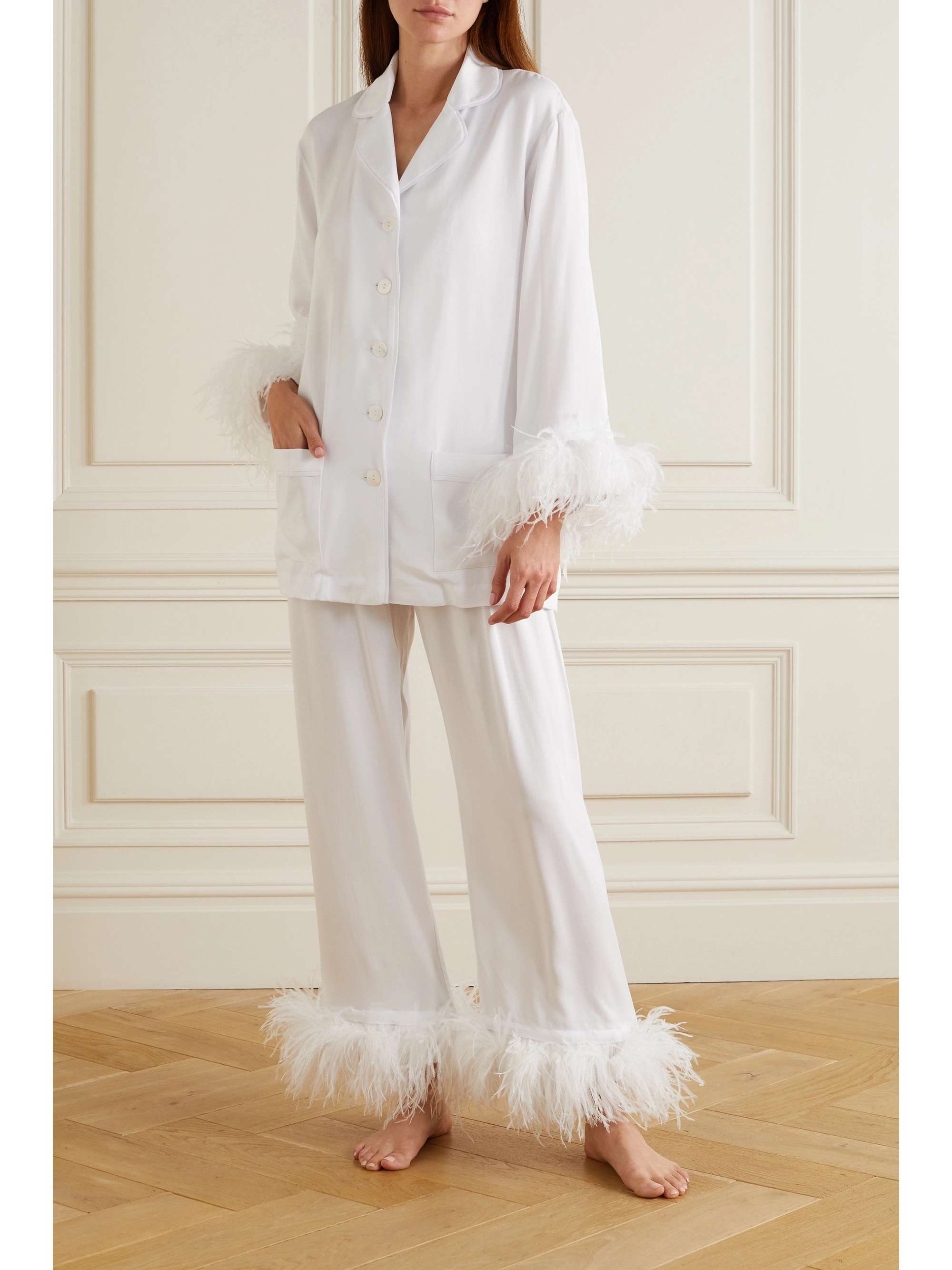 Feather-trimmed twill pajama set