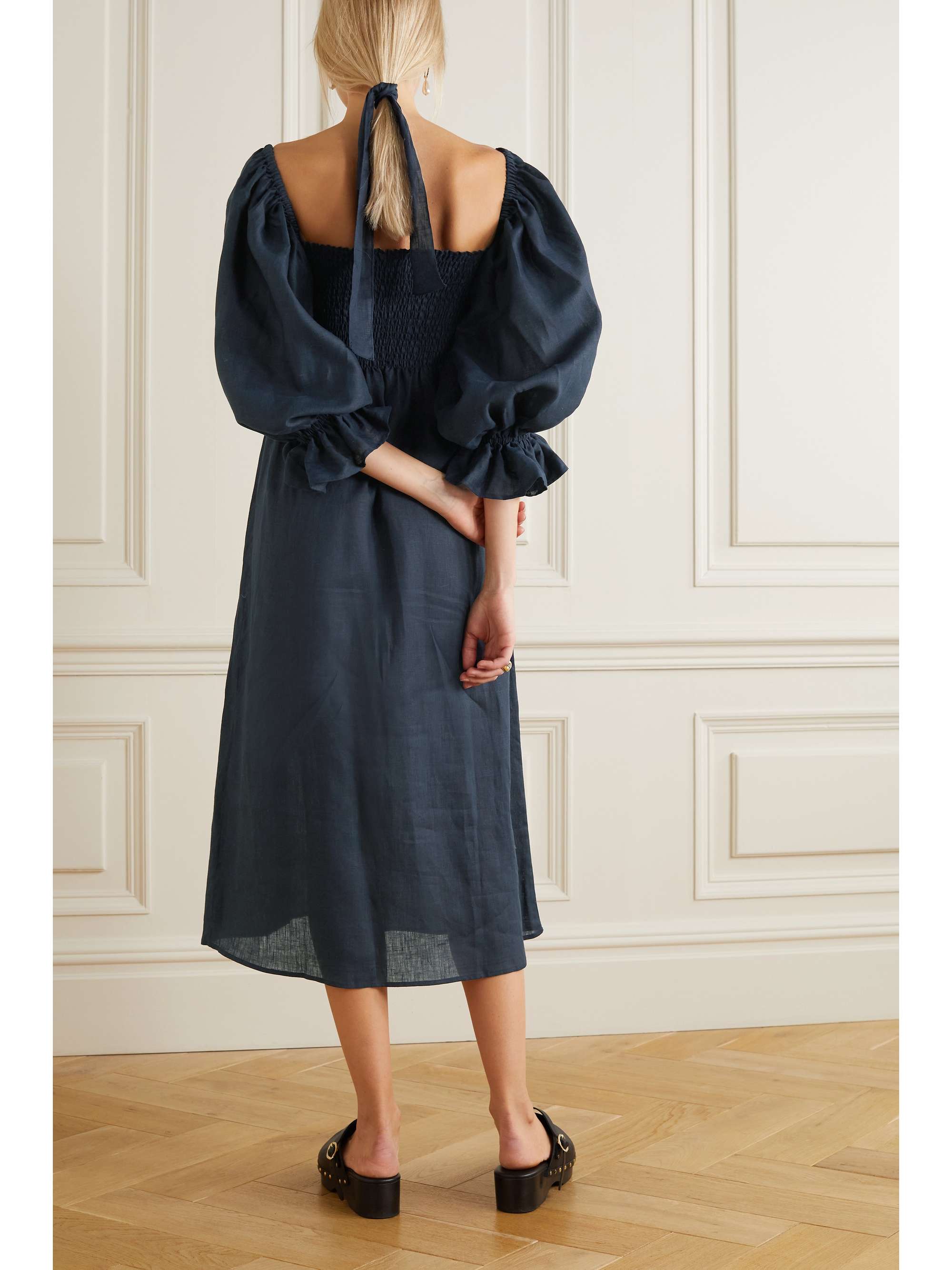 SLEEPER + NET SUSTAIN Atlanta off-the-shoulder shirred linen midi dress